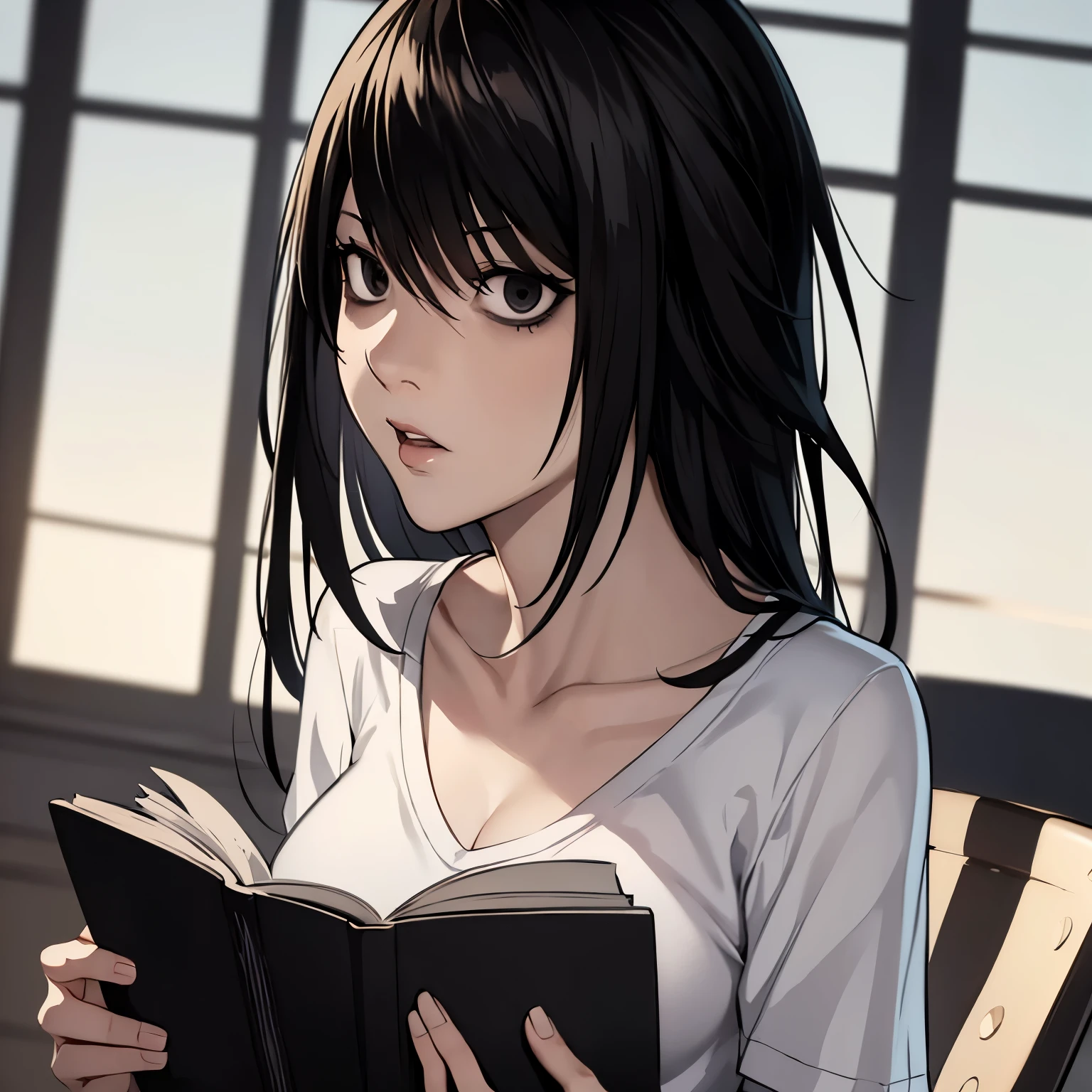 8k, mouthpiece, ((one beautiful woman)),((Death Note drawing)), L female body solo, ((one beautiful woman)), ((black eyes)), long hair, black hair, white t-shirt shirt reading a book