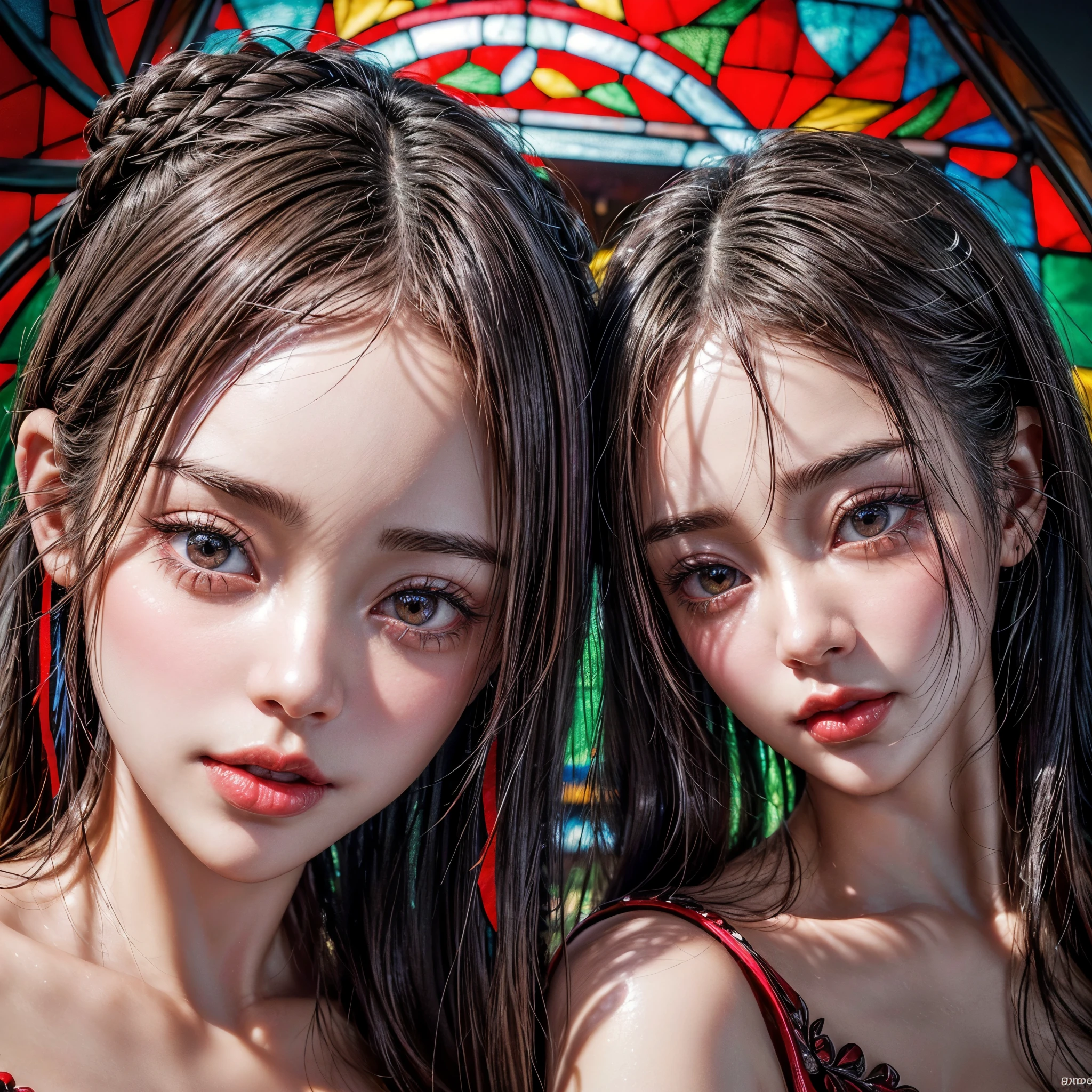 ((1 cute girl, 9 grids, 9 poses and expressions, different emotions)) . ((NSFW:-0.95)), (Exposed:1.15), (((nipple:-0.99))), ((Acutance:0.85)), (Physically-based 3D Rendering with incredible detailed Textures, ((Ultra-Realistic and Photorealistic with touch of rawness:1.37))) . (((Extremely Detailed KAWAII face))), Childish:1.2, captivating gaze, elaborate detailed Eyes with sparkling highlights, long eyelashes, Glossy RED Lips with beautiful details, Cute tongue, (no large eyes) . (Dazzling colorful stained glass Background with stunning elaborate details:1.33) .