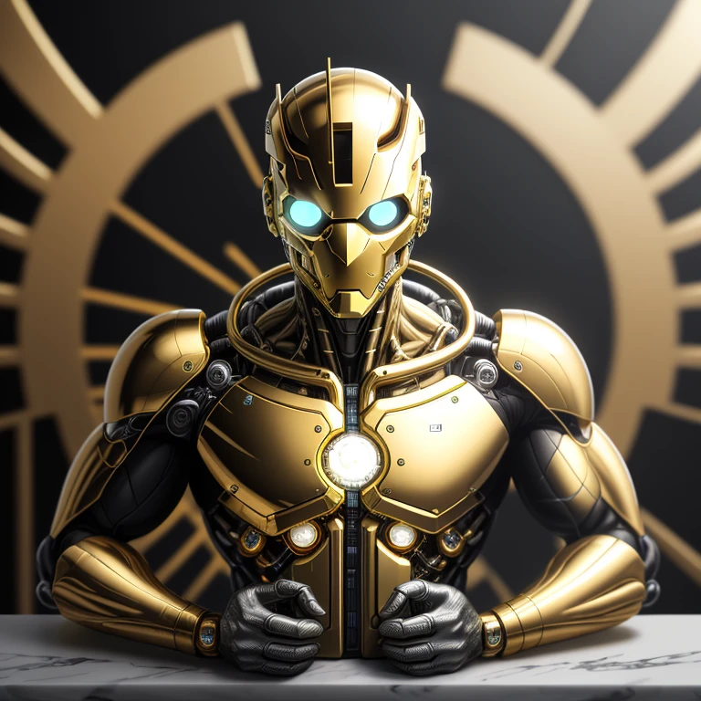 homem, Gold Flows Oil From Wires Cyborg homem | with visible detailed brain | fios musculares | biopunk | cyber | Ciberpunk | white marble bust | canon m50 | 100mm | sharp focus | suave | hiperrealismo | muito detalhado | detalhes complexos | esculpido por michelangelo