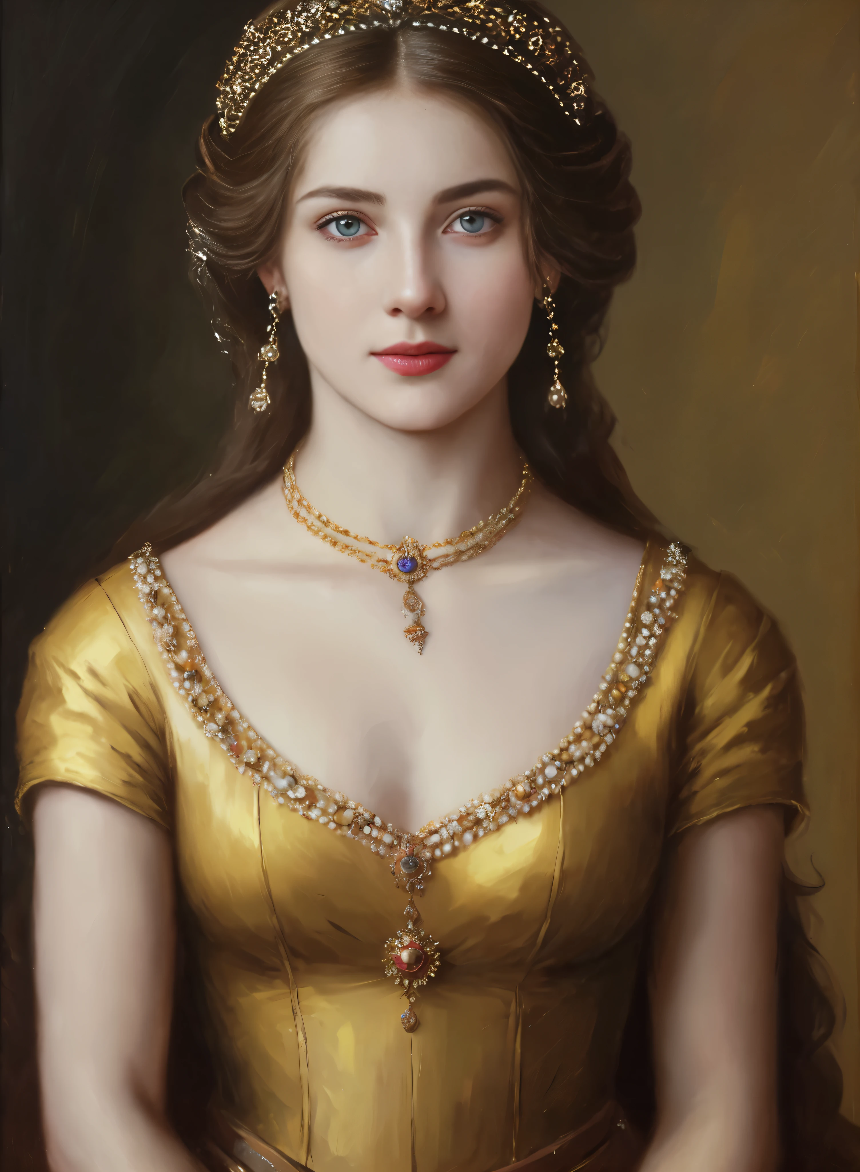 portrait, girl, middle ages, classicism, andrey atroshenko style, painting, pierced eyes, beautifully styled hair, traditional media, realistic, figurative, fine art, oil on canvas, HDR, 8K, original character, high resolution, high detail, focus on the face, beautiful eyes