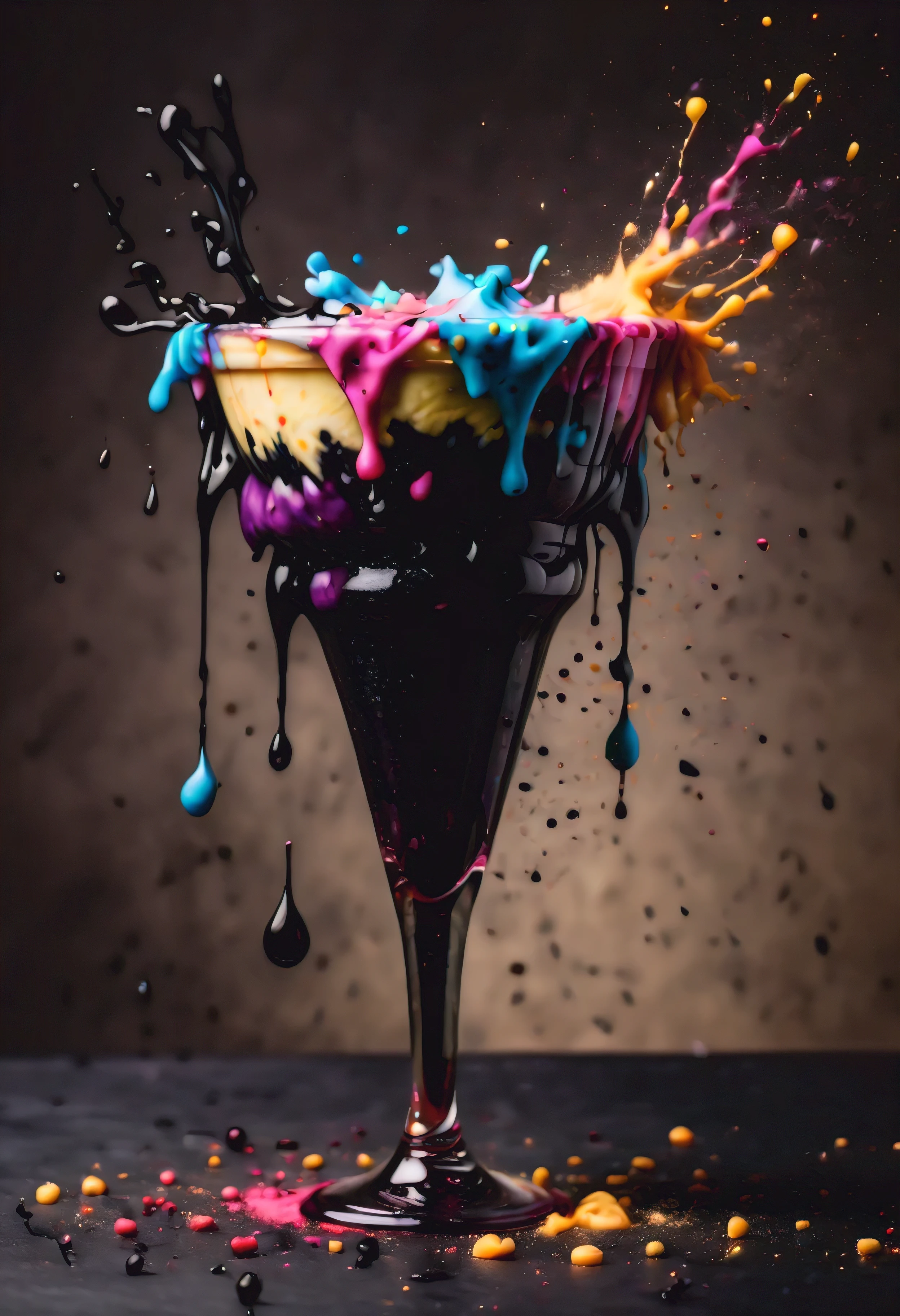 ((Masterpiece in maximum 16K resolution):1.6),((soft_color_photograpy:)1.5), ((ink_splatter_styles):1.4),((Movie-like still images and dynamic angles):1.3),| Macro shot, cinematic photo of a napolitano ice creamin a glass, ink_splatter_style, dark shot, film grain, extremely detailed, All captured with sharp focus.