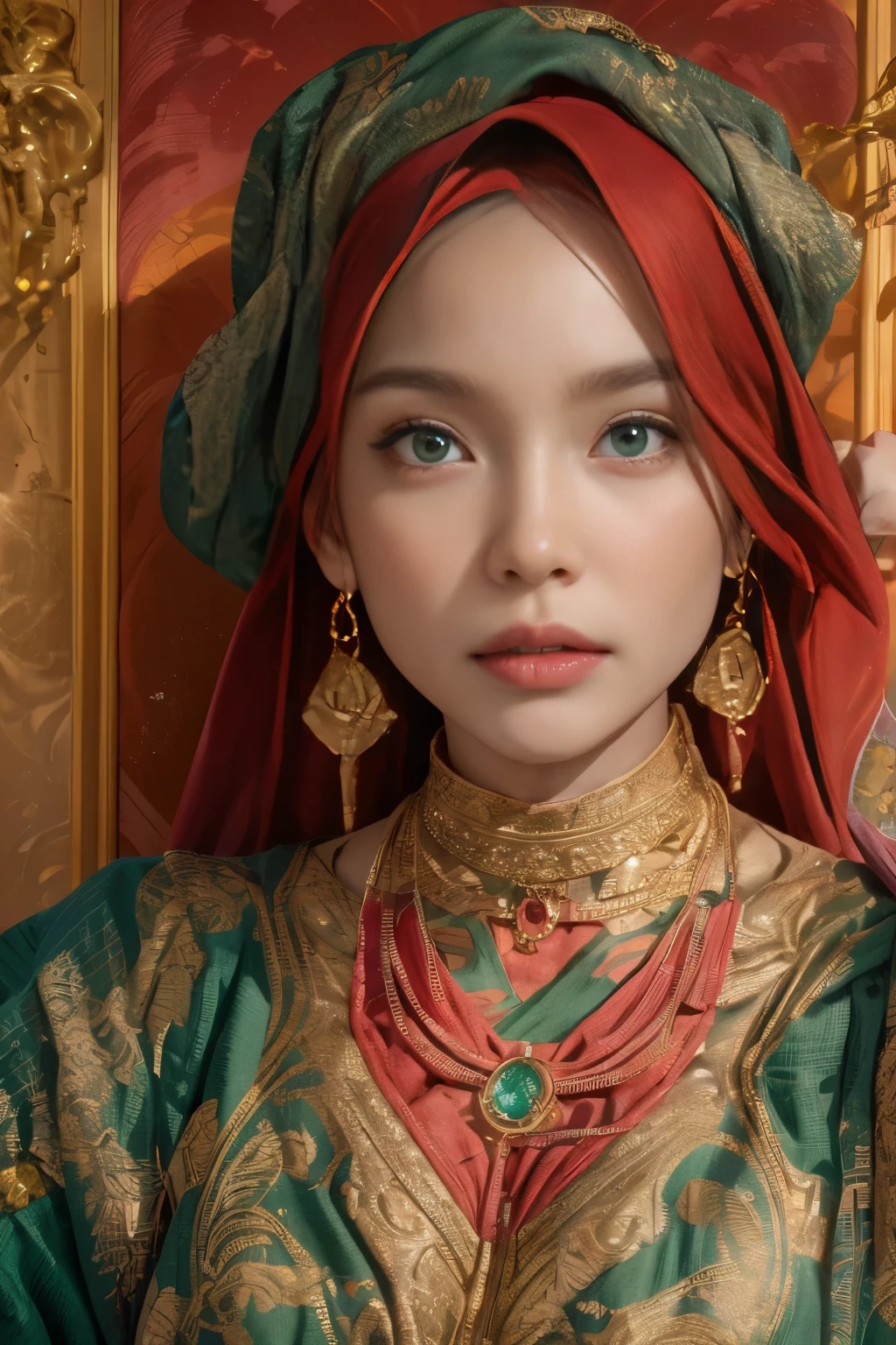 photorealistic, high resolution, 1 girl with layka face, layka, malay, hips up, beautiful green eyes, red hair, silk tibet pattern inspired streetwear, classic tibet clothing, gold bracelets,elegant necklace, elegant diamond earrings, radiance.