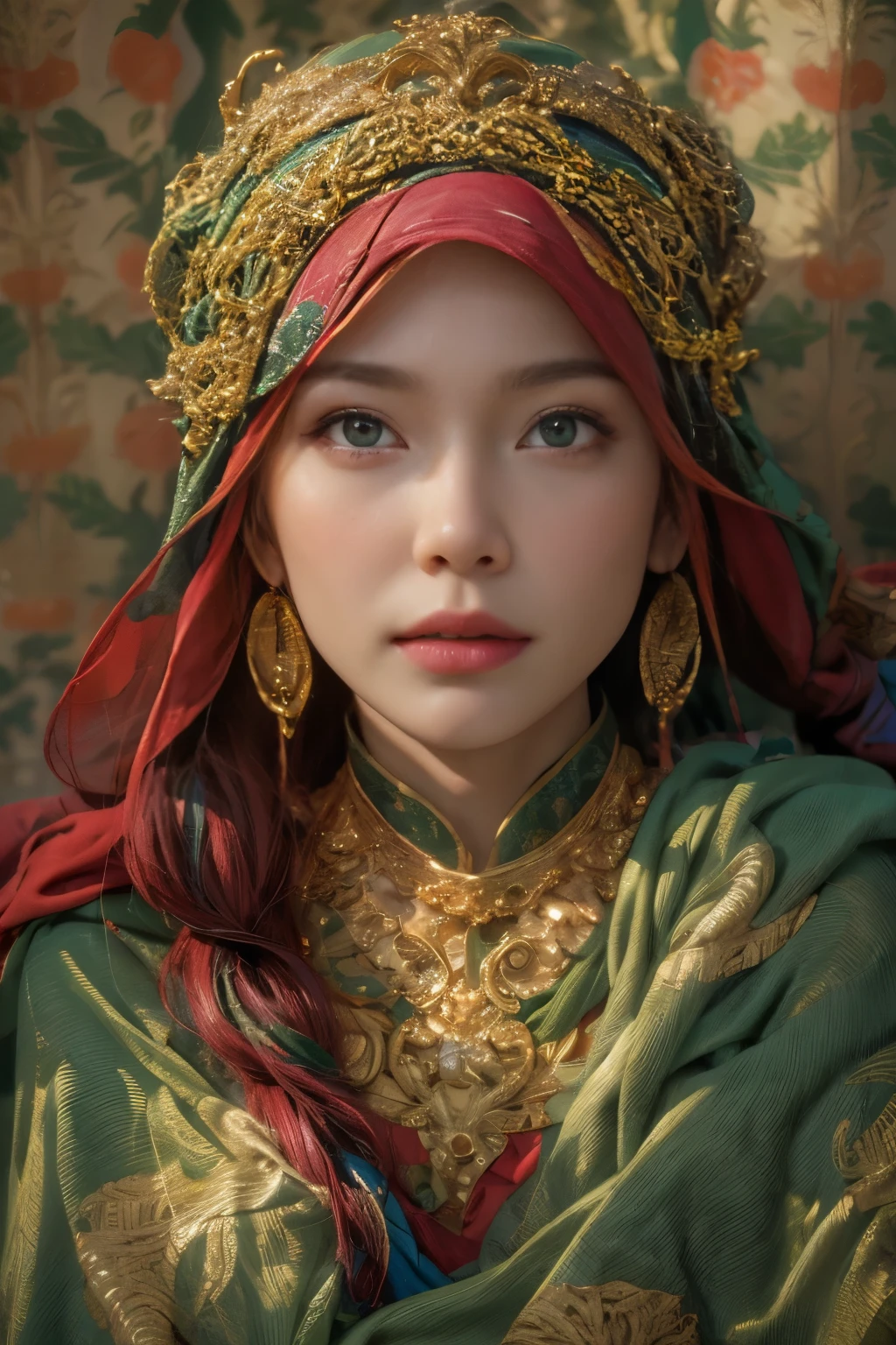 photorealistic, high resolution, 1 girl with layka face, layka, malay, hips up, beautiful green eyes, red hair, silk tibet pattern inspired streetwear, classic tibet clothing, gold bracelets,elegant necklace, elegant diamond earrings, radiance.