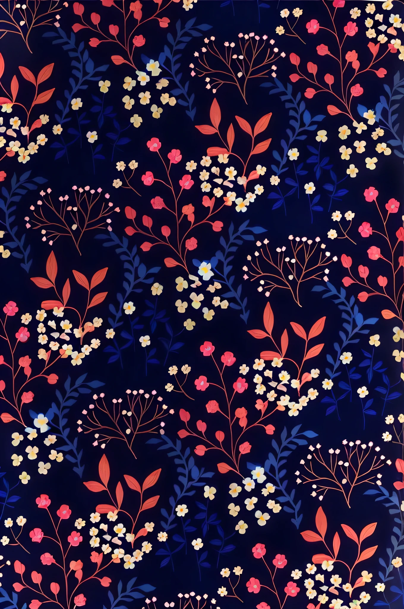 a blue background with a pattern of small flowers and leaves, floral pattern, motivos florais, crescimento floral, floral patterned skin, repeating fabric pattern, Atmosfera floral, neon floral pattern, papel de parede floral, seamless pattern design, Detalhes florais, Cor Lisa |, dark flower pattern wallpaper, Floral ornamentado, floresta com flores azuis, floral explosion, garden flowers pattern, fundo floral