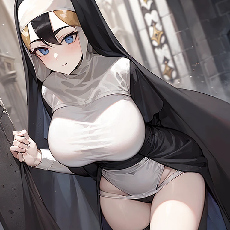 (((Alone))),(((Woman))),(((Big breasts))),(((Thin waist))),(((Large thighs))),(((Pale skin)) ),(((Gothic))),(((Black hair))),(((Blue eyes))),(((Wearing a nun's outfit)))