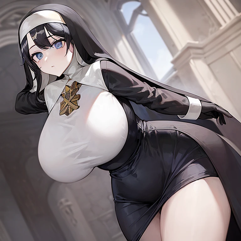 (((Alone))),(((Woman))),(((Big breasts))),(((Thin waist))),(((Large thighs))),(((Pale skin)) ),(((Gothic))),(((Black hair))),(((Blue eyes))),(((Wearing a nun's outfit)))