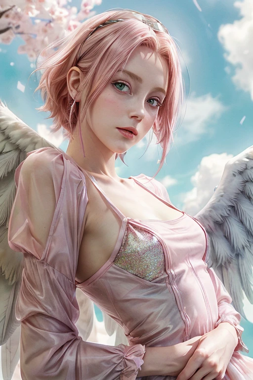 young woman, porcelain skin, small bust, pale pink dress with neckline, long sleeves with glitter, short pale pink hair, thin pink eyebrows, large emerald green eyes, buttoned nose, large pink lips, wide forehead with violet rhombus, wings of angel on the back, sky, clouds, Sakura Haruno, 3d