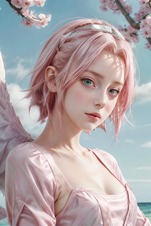 young woman, porcelain skin, small bust, pale pink dress with neckline, long sleeves with glitter, short pale pink hair, thin pink eyebrows, large emerald green eyes, buttoned nose, large pink lips, wide forehead with violet rhombus, wings of angel on the back, sky, clouds, Sakura Haruno, 3d