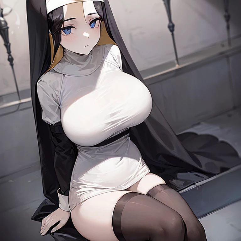 (((Alone))),(((Woman))),(((Big breasts))),(((Thin waist))),(((Large thighs))),(((Pale skin)) ),(((Gothic))),(((Black hair))),(((Blue eyes))),(((Wearing a nun's outfit)))