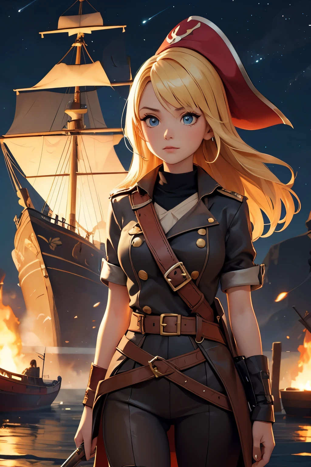 young girl, blond hair, pirate, ship, night, battlefield, fire in the background