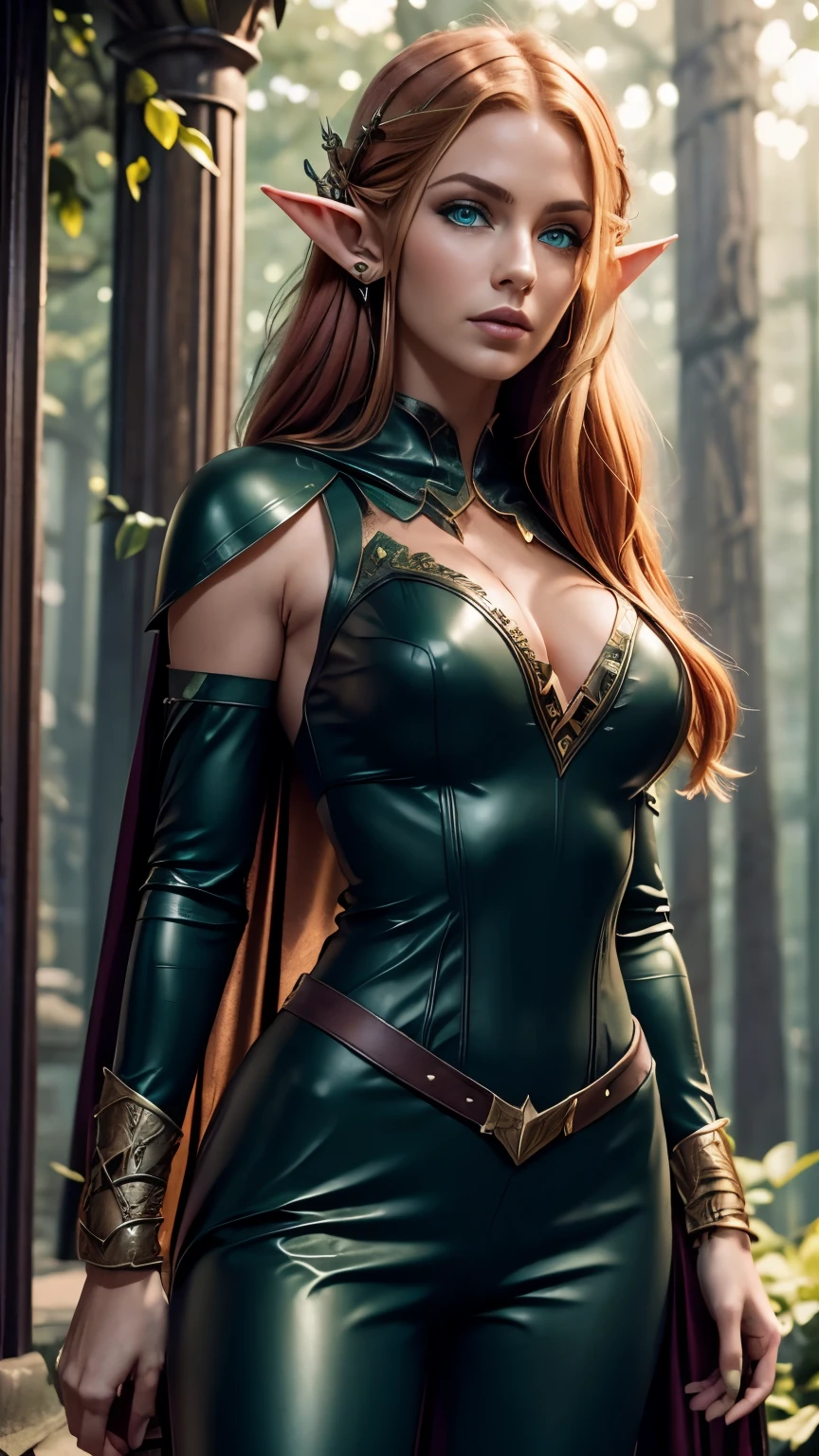 medieval setting, full view of body, (detailed elf ear, 1 woman, elven featured face, beautiful green eyes, red hair), leather armor, black leather pants, leather hooded cape, 