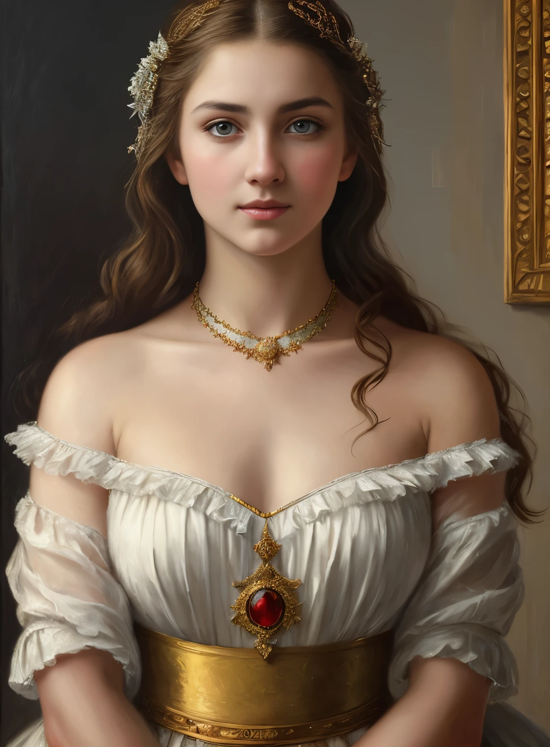 portrait, girl, middle ages, classicism, andrey atroshenko style, painting, pierced eyes, beautifully styled hair, traditional media, realistic, figurative, fine art, oil on canvas, HDR, 8K, original character, high resolution, high detail, focus on the face, beautiful eyes
