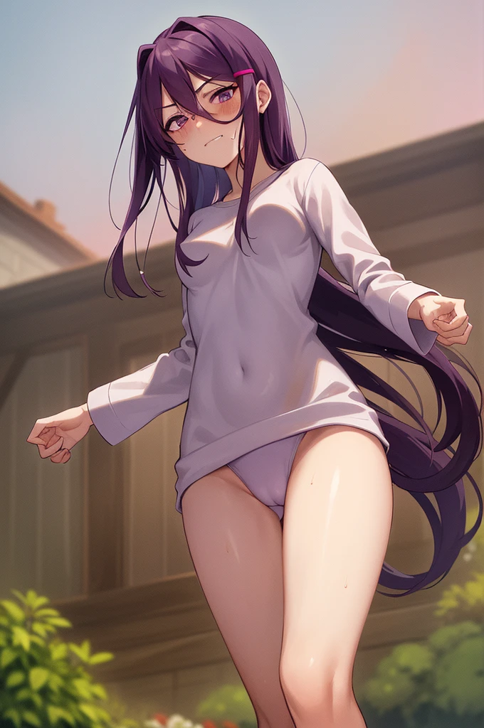 2d, masterpiece, ((walking)), best quality, full body, full pose, anime, highly detailed, cowboy shot, 1girl, solo, yuri, purple hair, purple eyes, long hair, hair between eyes, hairclip, medium breasts, ((white pijama)), cameltoe, thights, ((garden background)), slim body, slim legs, bare legs, ((smug face)), blushing, red face, wet skin, ((sky from below:1.3)), ((woolen long socks))