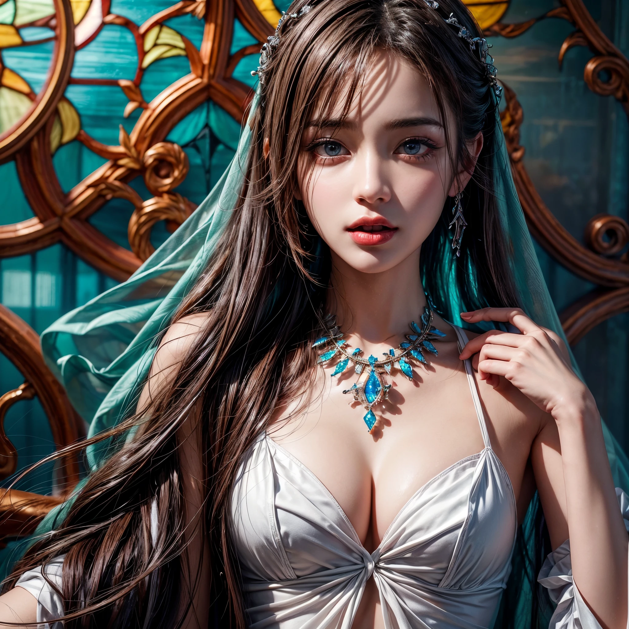 ((1 cute girl, 9 grids, 9 poses and expressions, different emotions)) . ((NSFW:-0.95)), (Exposed:1.15), (((nipple:-0.99))), ((Acutance:0.85)), (Physically-based 3D Rendering with incredible detailed Textures, ((Ultra-Realistic and Photorealistic with touch of rawness:1.37))) . (((Extremely Detailed KAWAII face variations))), Childish:1.2, captivating gaze, elaborate detailed Eyes with sparkling highlights, long eyelashes, Glossy RED Lips with beautiful details, Cute tongue, (no large eyes) . (Dazzling colorful stained glass Background with stunning elaborate details:1.33) .