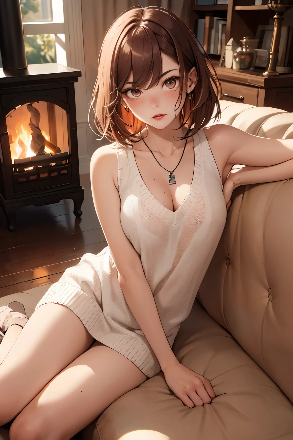 ((best quality)), ((masterpiece)), (detailed), Ridiculous resolution, high resolution, (masterpiece:1.4), Hyper-detailing, a woman. she is . auburn hair. She has bangs in her hair. red lips. she is blushing. she has freckles. (Ultra detailed brown eyes)). she is lying on a sofa by the fireplace. She is wearing a sleeveless woolen cropped sweatshirt. necklace. full body shot. she is angry.