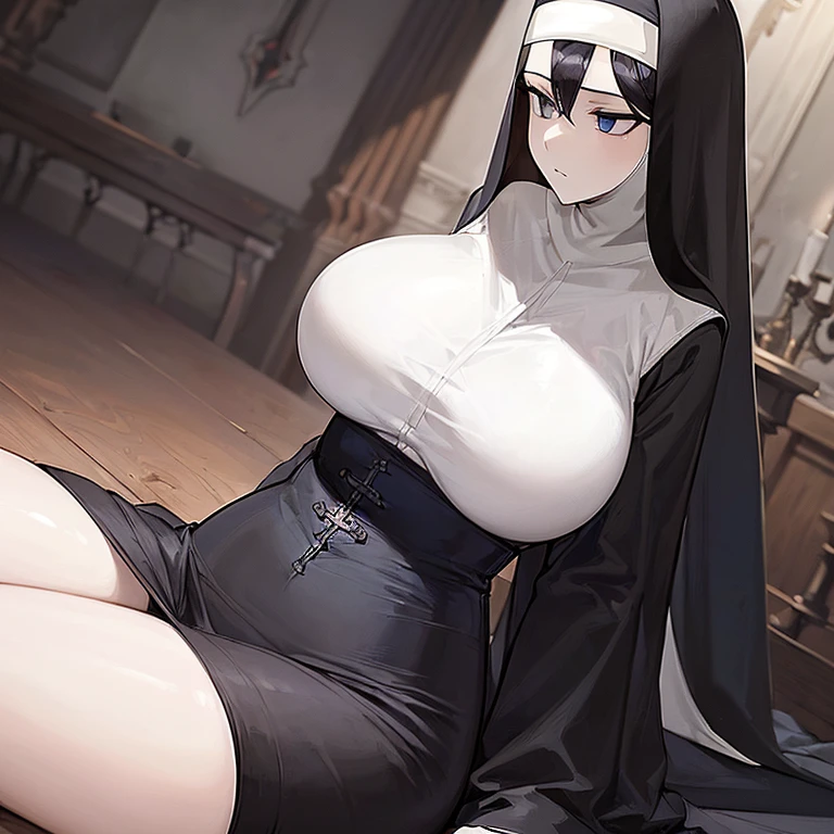 (((Alone))),(((Woman))),(((Big breasts))),(((Thin waist))),(((Large thighs))),(((Pale skin)) ),(((Gothic))),(((Black hair))),(((Blue eyes))),(((Wearing a nun's outfit)))