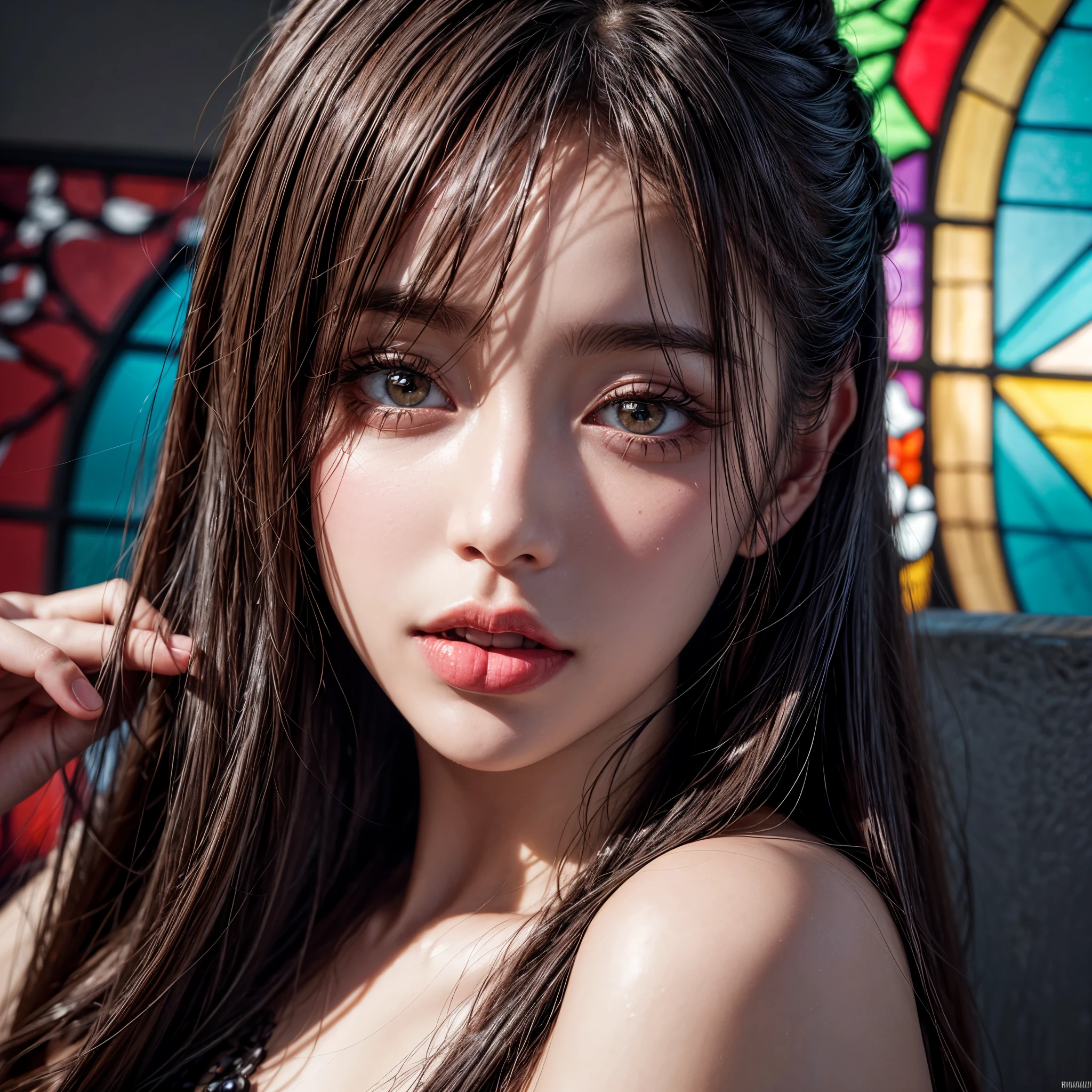 ((1 cute girl, 9 grids, 9 poses and expressions, different emotions)) . ((NSFW:-0.95)), (Exposed:1.15), (((nipple:-0.99))), ((Acutance:0.85)), (Physically-based 3D Rendering with incredible detailed Textures, ((Ultra-Realistic and Photorealistic with touch of rawness:1.37))) . (((Extremely Detailed KAWAII face variations))), Childish:1.2, captivating gaze, elaborate detailed Eyes with sparkling highlights, long eyelashes, Glossy RED Lips with beautiful details, Cute tongue, (no large eyes) . (Dazzling colorful stained glass Background with stunning elaborate details:1.33) .