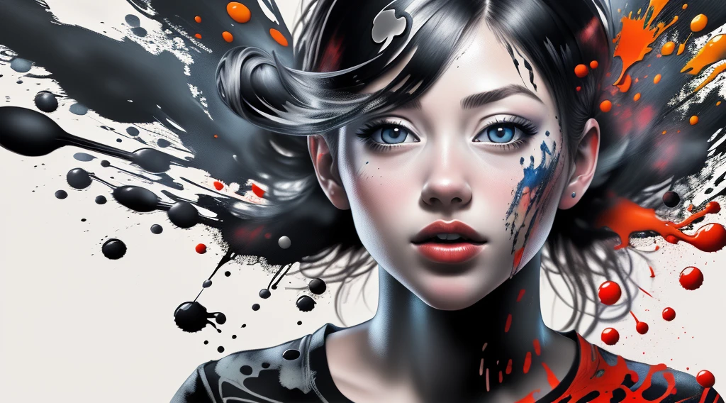 ink splash, paint splatter, girl, panoramic, Ultra high saturation, (best quality, masterpiece, Representative work, official art, Professional, 8k)