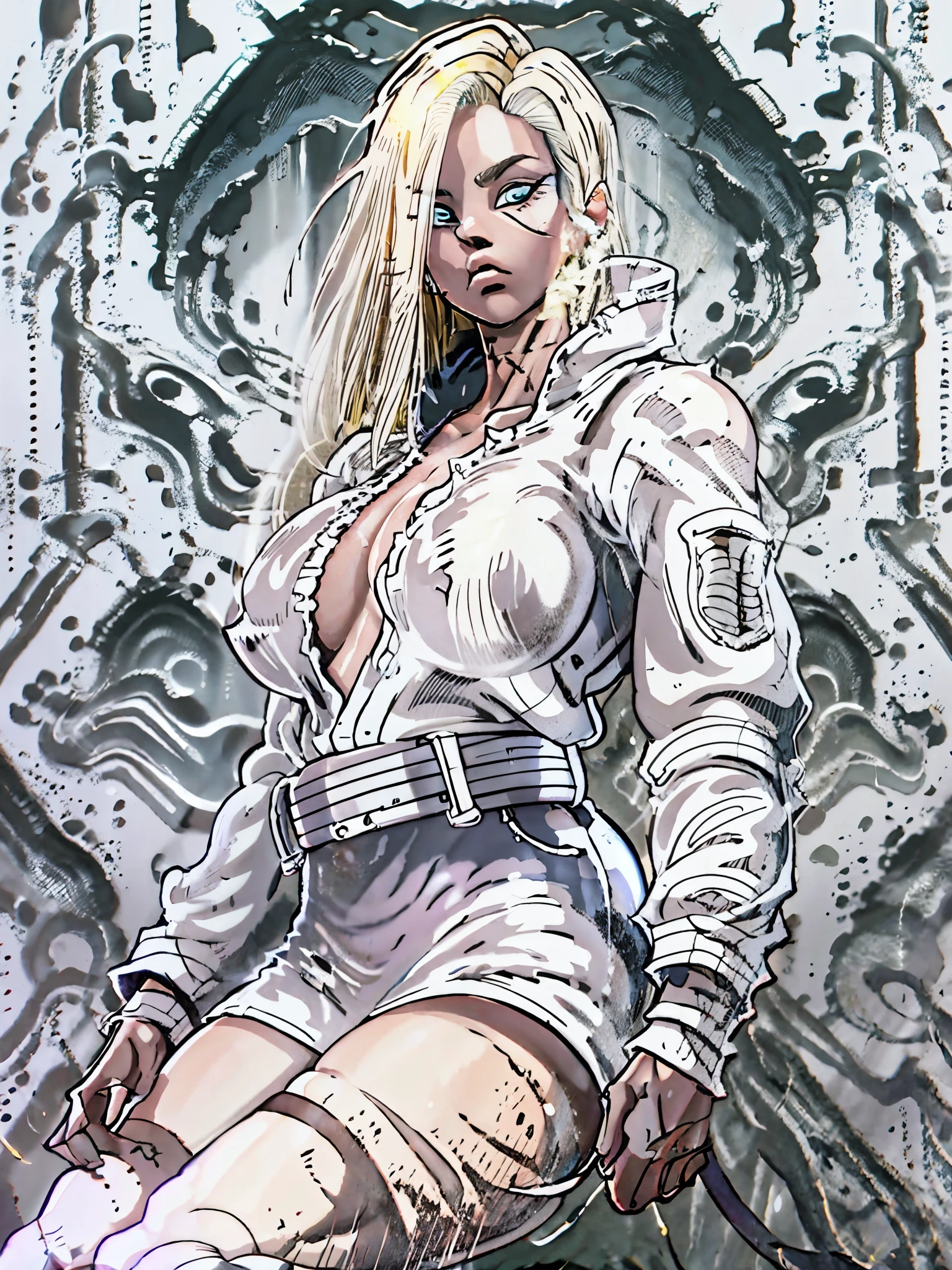 1monk warrior girl with white techwear clothes, white long hair, laces, abstract vintage scifi background