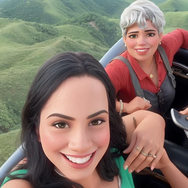 there are two women riding a gondola, 3 Brazilian mother of 5 years, Mulher de 30 anos de Cuba, by Fernando Gerassi, In the sky, malika favre, looks like fabiula nascimento, powder Nándor Katona, view from helicopter, com montanhas ao fundo, por Willian Murai