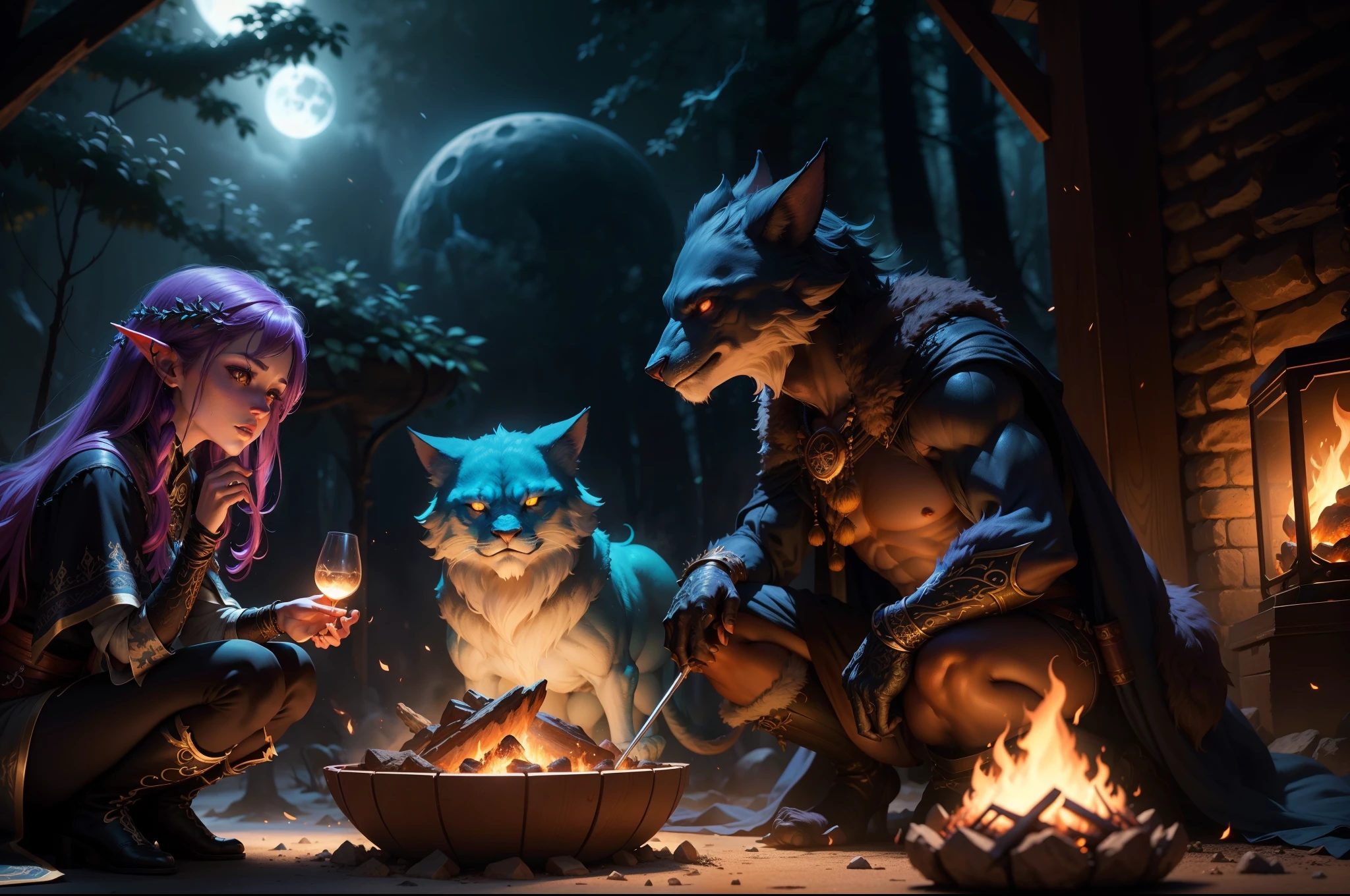 Dangerous, yet mysterious mythical creatures gathering by the fire at full moon, , mysterious, detailed, vibrant, highly detailed, dynamic pose, colourful, Smooth, organic tracery, perfect composition, sharp focus, pixar, nvdia ray tracing, cgsociety, elemental, polished, beautiful d&d character portrait, colorful fantasy, detailed, realistic face, fiverr dnd character, wlop, artstation, hd, octane render, hyperrealism, thewanderer2813, flickering light