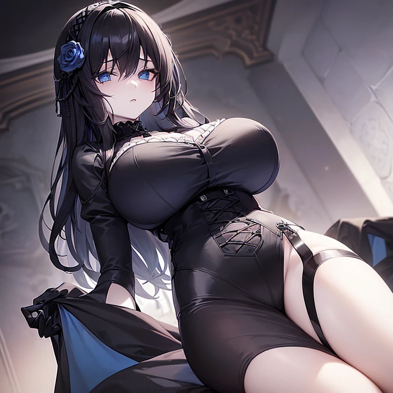 (((Alone))),(((Woman))),(((Big breasts))),(((Thin waist))),(((Large thighs))),(((Pale skin)) ),(((Gothic))),(((Black hair))),(((Blue eyes))),(((Wearing a gothic's outfit)))