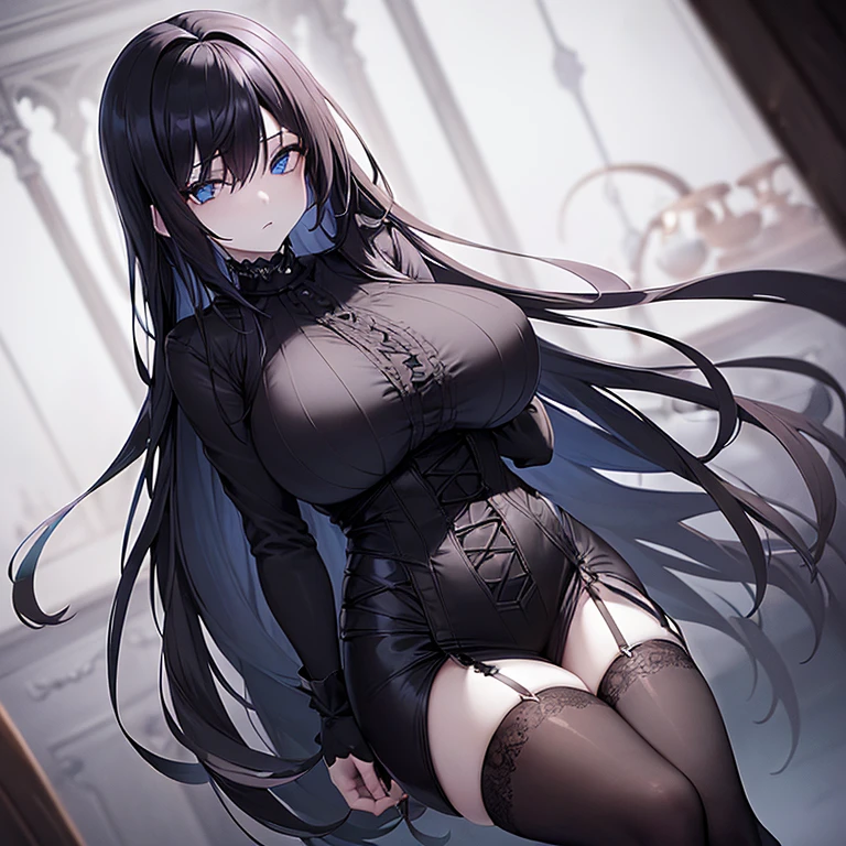 (((Alone))),(((Woman))),(((Big breasts))),(((Thin waist))),(((Large thighs))),(((Pale skin)) ),(((Gothic))),(((Black hair))),(((Blue eyes))),(((Wearing a gothic's outfit)))