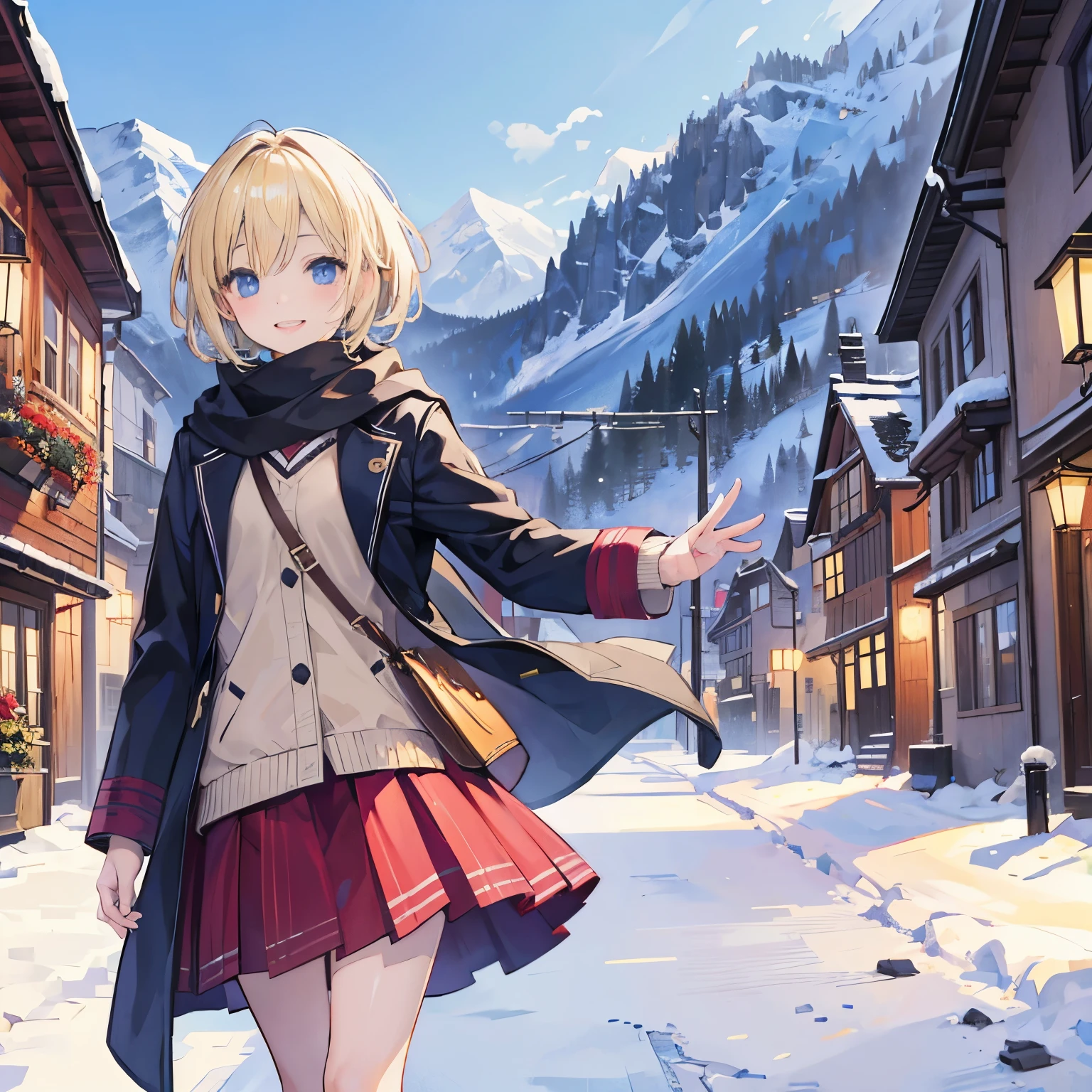 masterpiece, 1 girl, smile, european, Winter coat, scarf, skirt, (small) Chiller Rhythm, short blonde hair, Alpine Village