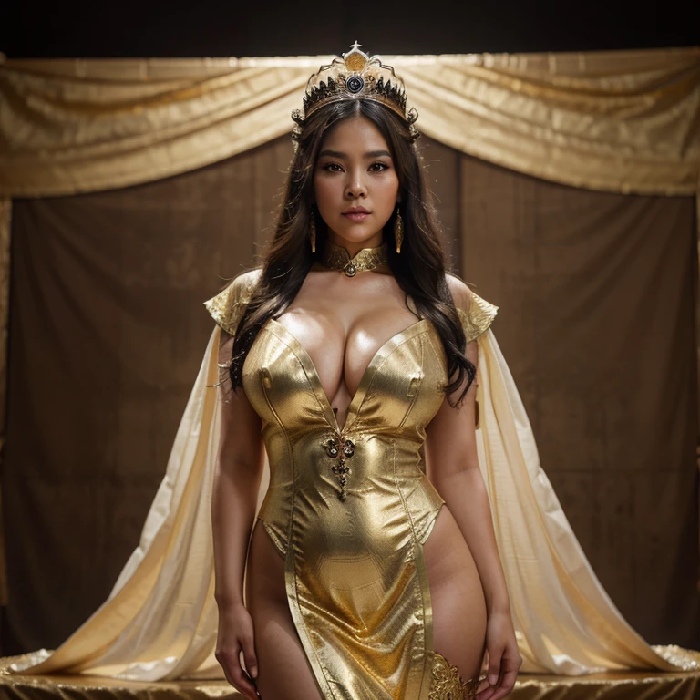 a plus size Indonesian woman dressed in gold posing for a photo, beautiful fantasy empress, ((beautiful fantasy empress)), beautiful goddess portrait, beautiful goddess, ig model |  artgerm, trending on cgstation, goddess.  very high detail, very detailed shot of the goddess, 8k high quality detailed art, chengwei pan at the art station, stunning portrait of the goddess, realistic, hd