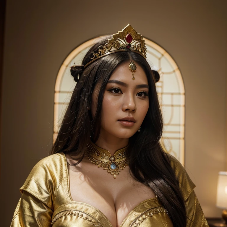 a plus size Indonesian woman dressed in gold posing for a photo, beautiful fantasy empress, ((beautiful fantasy empress)), beautiful goddess portrait, beautiful goddess, ig model |  artgerm, trending on cgstation, goddess.  very high detail, very detailed shot of the goddess, 8k high quality detailed art, chengwei pan at the art station, stunning portrait of the goddess, realistic, hd