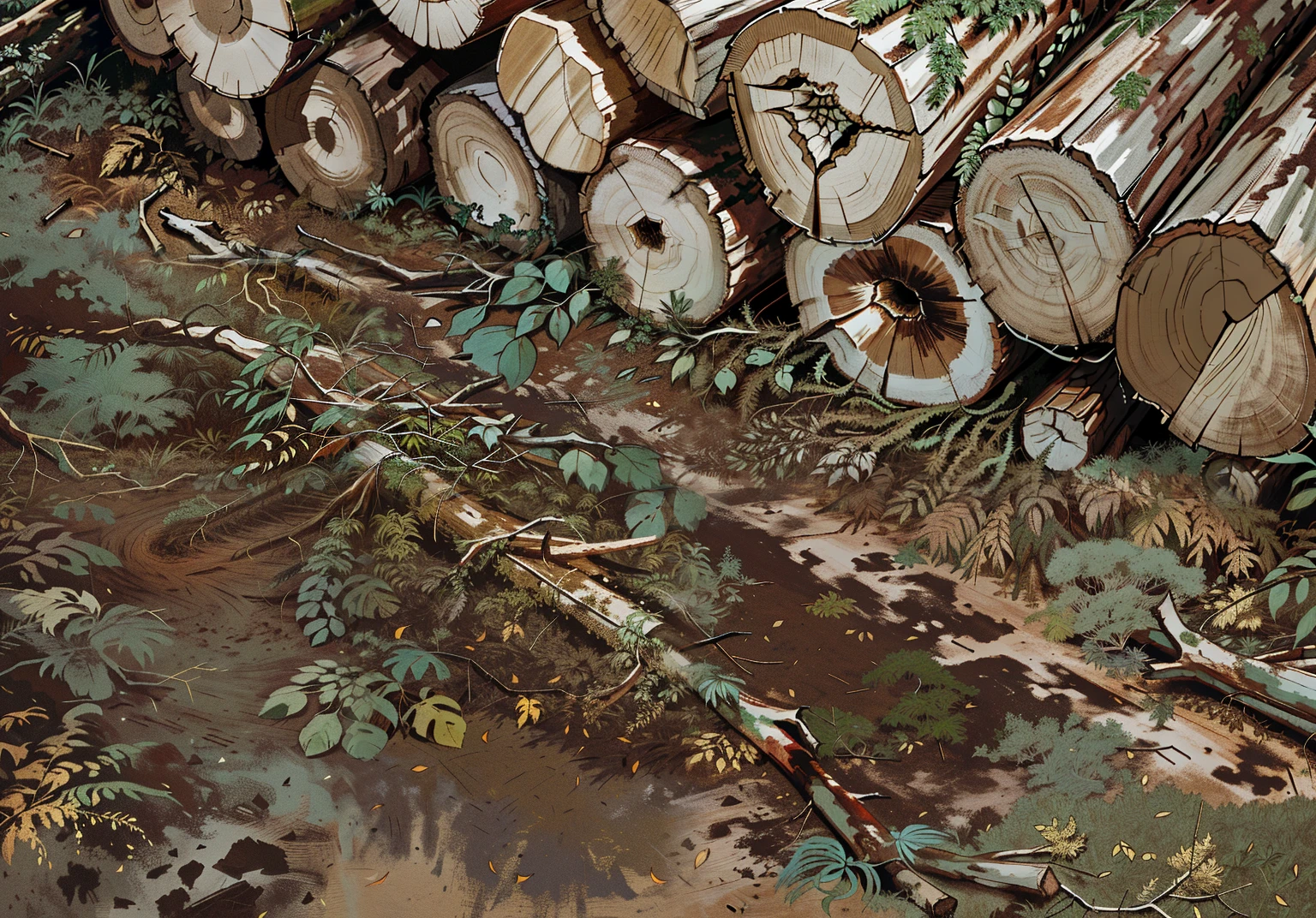 there is a pile of logs sitting on the ground in the Malaysia jungle, deforested forest background, jungle background, wooden logs, dark woods in the background, eucalyptus forest background, middle close up composition, tree stumps, dead forest background, background hyper detailed, forrest background, dirt and smoke background, 2D animation background art