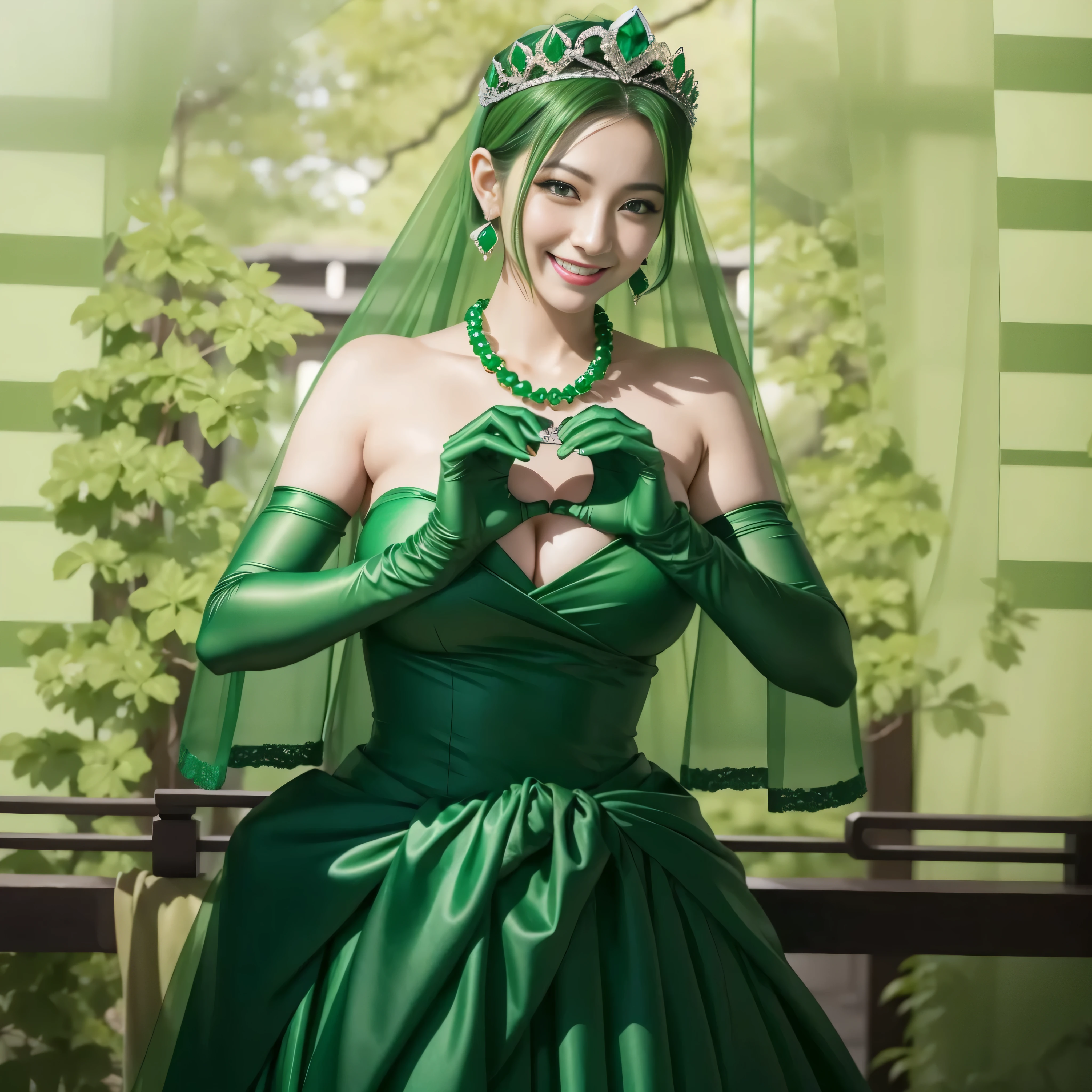 emerald tiara, green pearl necklace, ボーイッシュな非常に短いgreen hair, lipstick, smiling Japanese woman, very short hair,  Beauty with large breasts, green eyes, Long Green Satin Gloves, green eyes, emerald earrings, green veil, heart with both hands, green hair, Beautiful Japan woman in her 30s, heart shaped hand:1.3