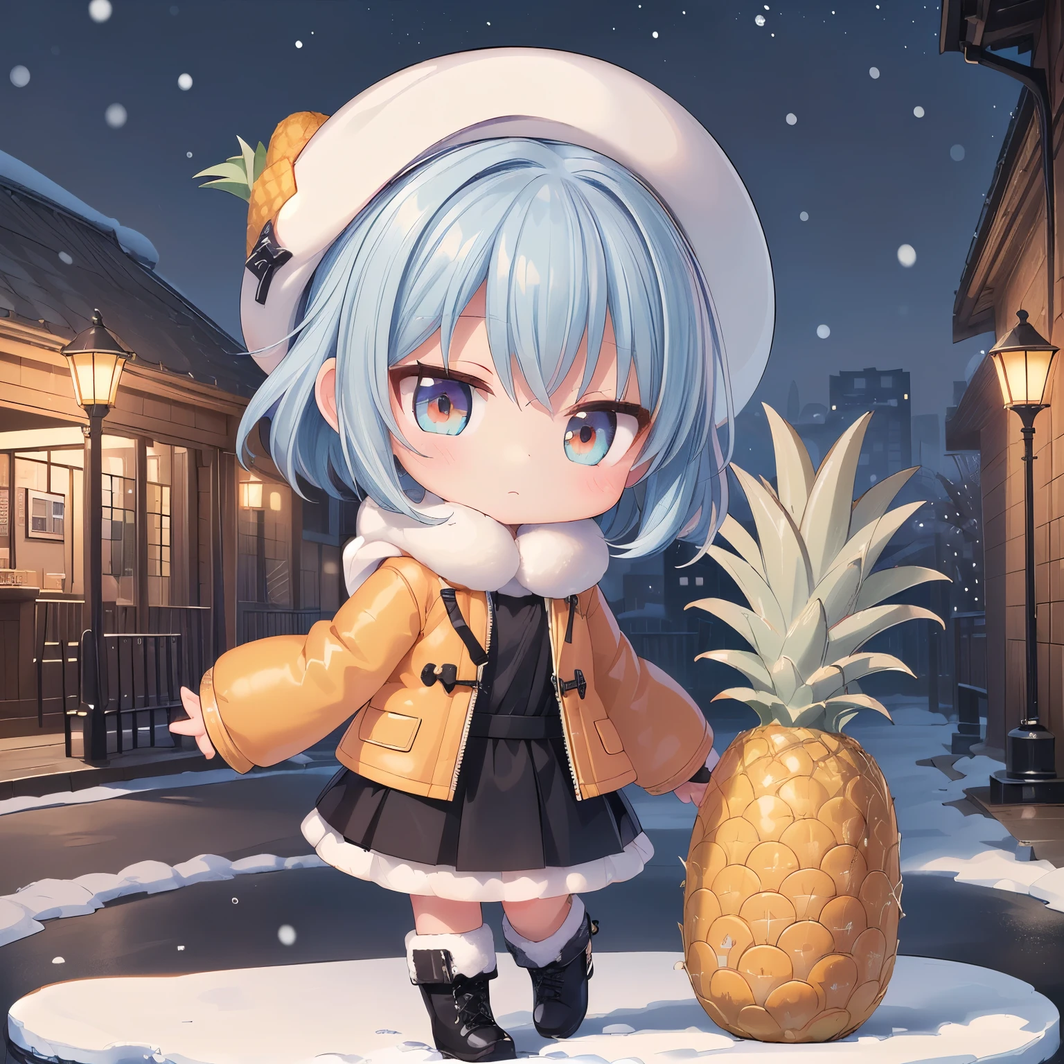 ((Chibi, miniature, REAL, pineapple, 3DCG, Nendoroid, 1 girl: 1.3)) ,(Masterpiece, almond-shaped eyes, glossy white-blue hair, short chignon hair, top quality, carefully drawn fingertips, beautiful anatomy : 1.4), (full body: 1.3), (Red cheeks, indifference, no expression, hair blowing in the wind: 1.2), (Slim and warm clothes, baggy clothes, warm down coat,warm long skirt,boots,Fluffy one piece,hat,Celebrity Lifestyle: 1.2), (pineapple building,Night parade,Snow,street:1.3) 