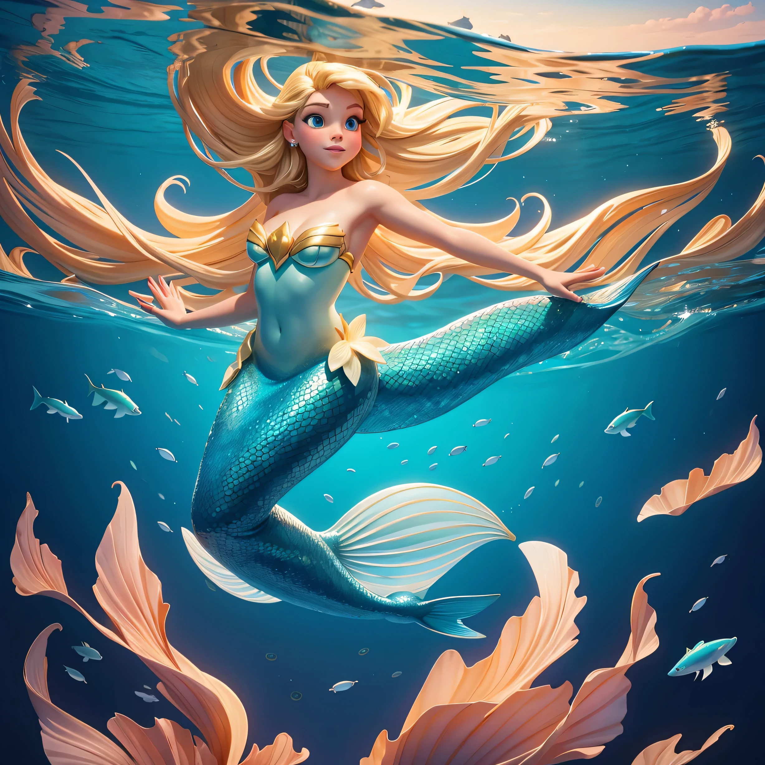 A mermaid dancing gracefully in the depths of the ocean, style Disney, fish around her, blonde hair, clear blue ocean, detailed, 8k digital painting.