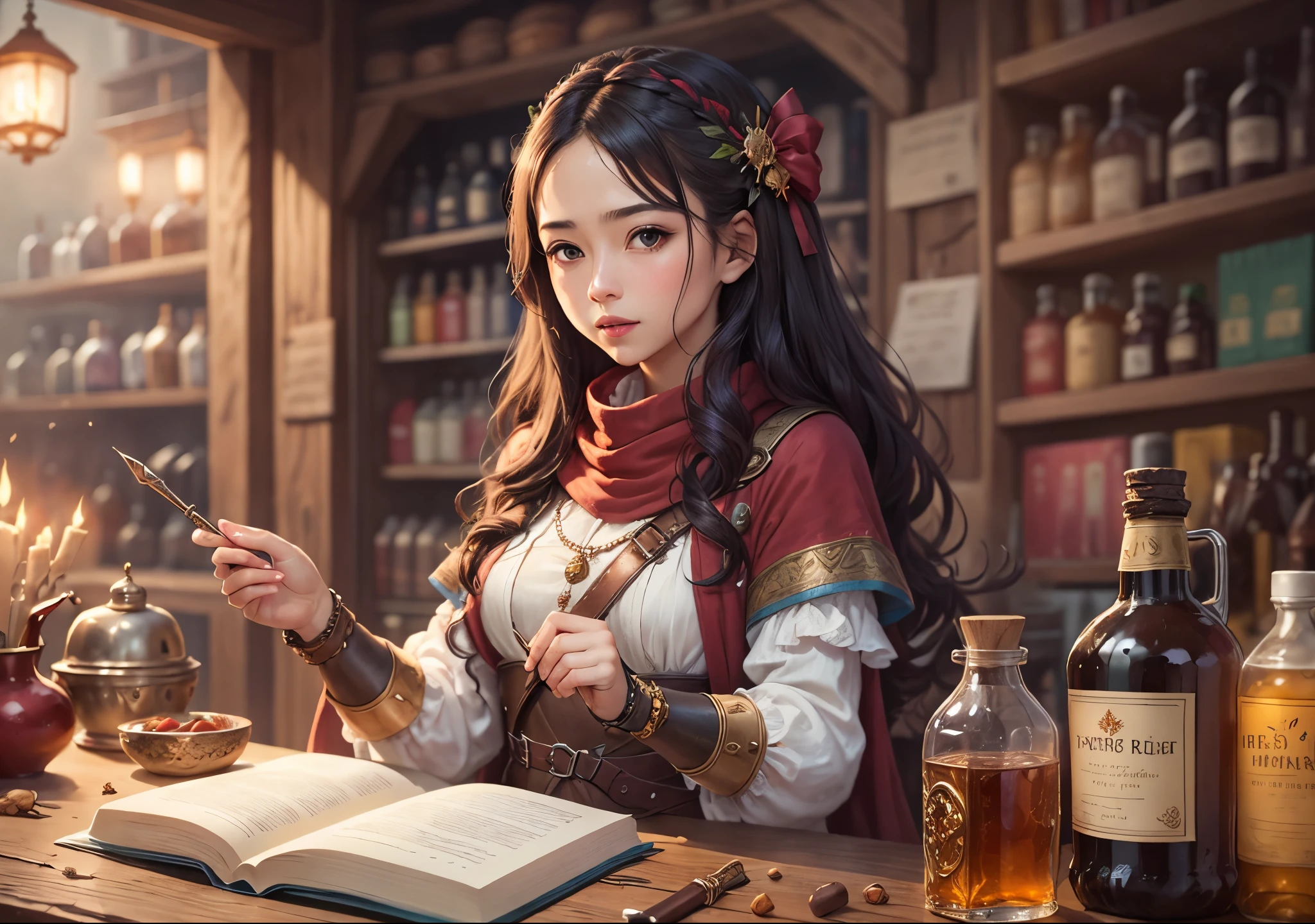 Long Straight black hair, purple eyes, beautiful face, gentle expression, amicable, perfect body, white shirt and brown pants, medieval fantasy, alchemist workshop, sitting at the desk making an experiment, sexy woman, tight shirt, focused, noble, young adult, rpg alchemist, sexy body, bangs