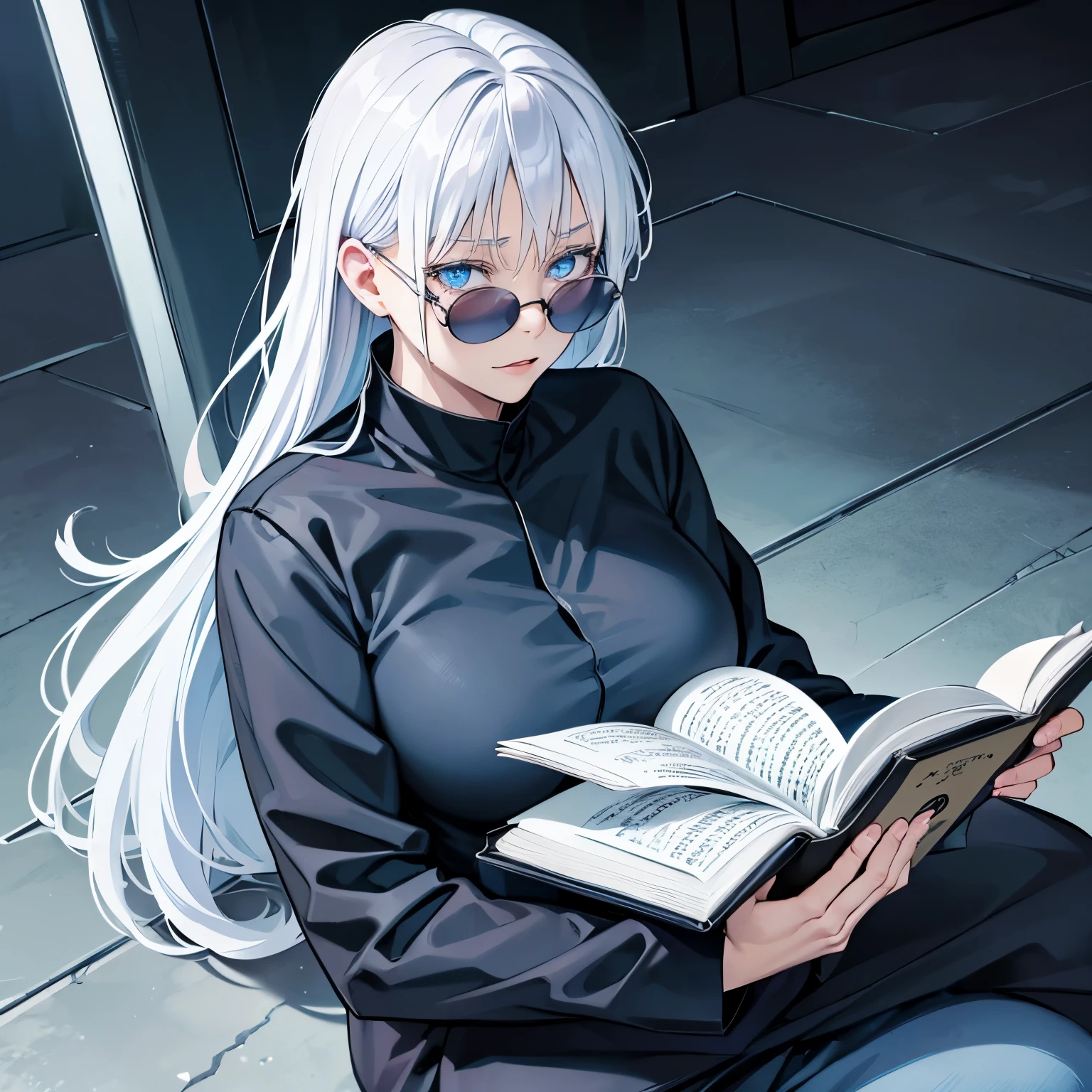8k, mouthpiece, ((one beautiful woman)),((Jujutsu Kaisen Saku)), Gojo Satoru female body solo, ((one beautiful woman)), round sunglasses, ((light blue eyes)), long hair , white hair, black clothes, reading a book