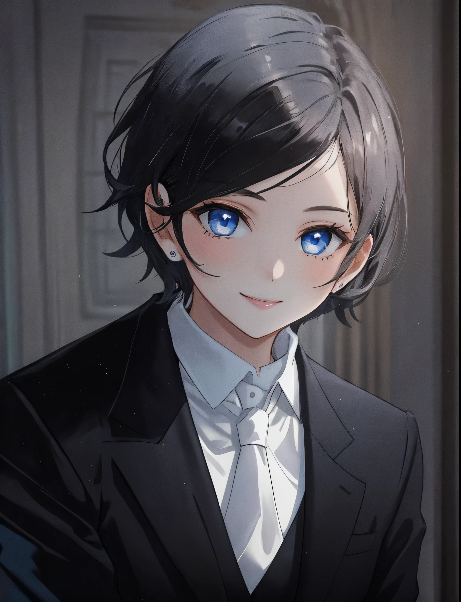girl in a suit and white tie, black suit, looking at camera, short black hair, blue eyes, portrait, prime minister, smiling, 
