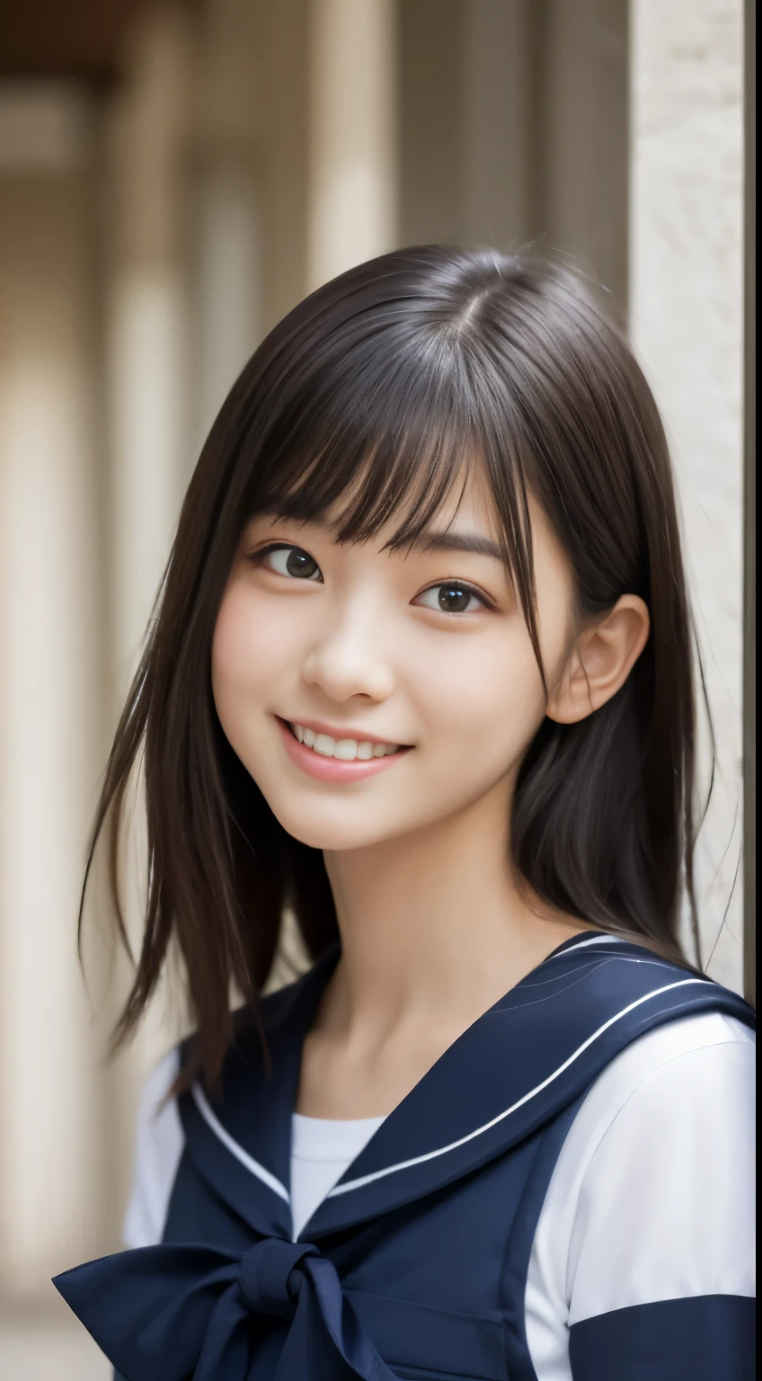 table top, highest quality, 8K, 16 years old, Ten generations, RAW photo, absurd, award-winning portraits, smile, smile, alone, daytime, idol face, violaces, delicate girl, Upper body, Digital single-lens reflex camera, looking at the viewer, Frank, Sophisticated, zora々right, thin arms, professional lighting, film grain, chromatic aberration, (Eye and face details:1.0), (Bokeh:1.1), (hyper pretty face:1.2)、(beautiful face:1.2), beautiful woman、Japan High School Girl Traditional Uniform、(white short sleeve sailor uniform:1.2), black haired、Middle straight hair、bangs、(Japanese)、short hair、
