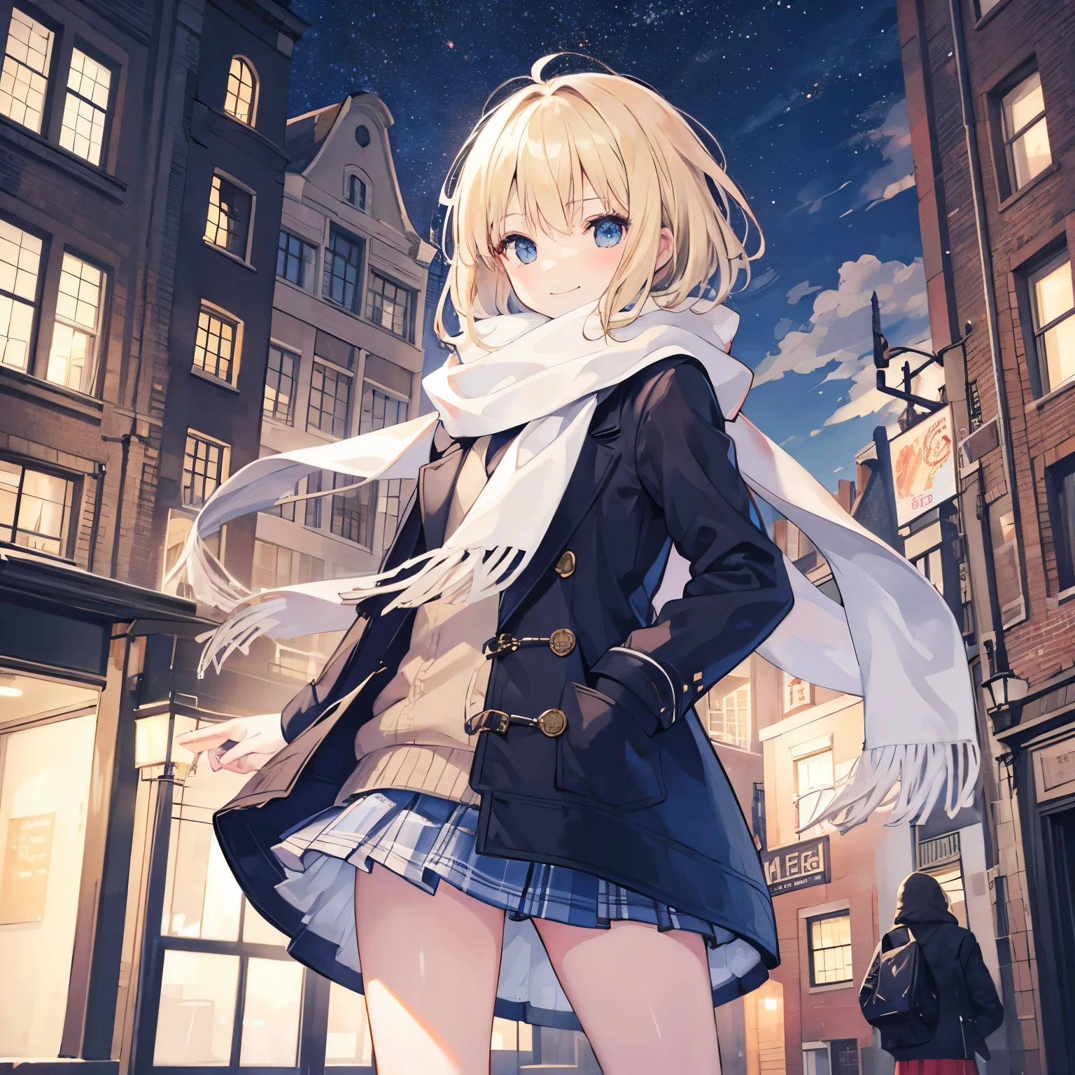 1 girl, smile, european, Winter coat, scarf, skirt, (small) Chiller Rhythm, short blonde hair, Amsterdam