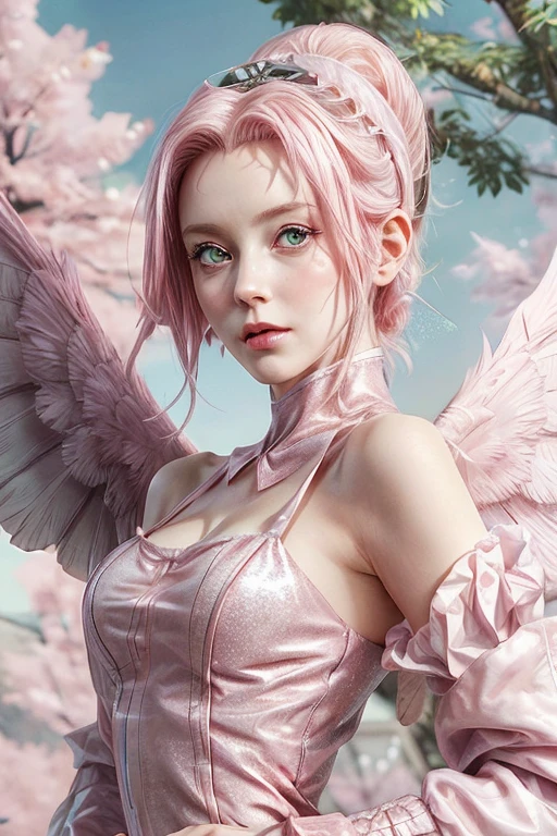 young woman, porcelain skin, small bust, pale pink dress with neckline, long sleeves with glitter, short pale pink hair, thin pink eyebrows, large emerald green eyes, buttoned nose, large pink lips, wide forehead with violet rhombus, wings of angel on the back, sky, clouds, Sakura Haruno, 3d
