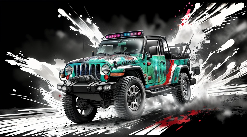 ink splash, paint splatter, jeep, panoramic, Ultra high saturation, (best quality, masterpiece, Representative work, official art, Professional, 8k)