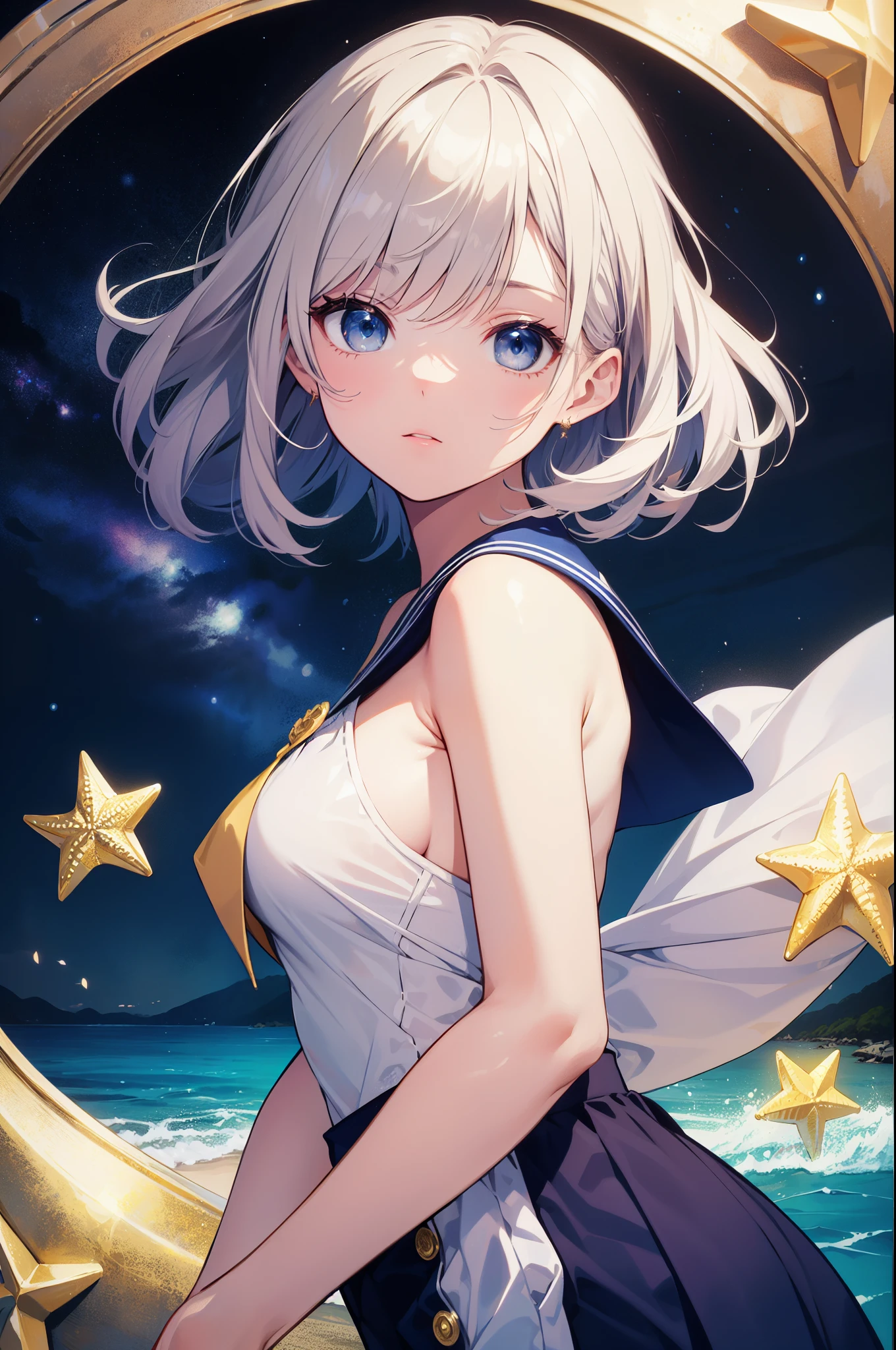 (masterpiece)、(highest quality)、((Super detailed))、(super delicate)、cute、Pastel colors hair、beautiful breasts、Gorgeous、fantastic sea of stars、Gold, silver, and deep blue sailor suit
