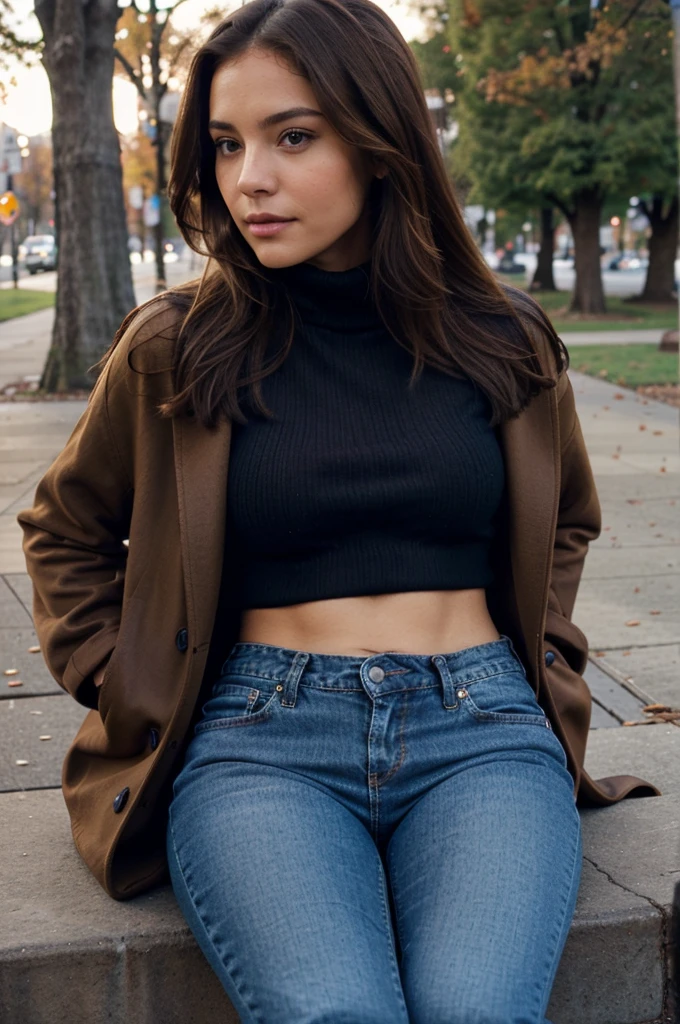 brown hair, brown eyes, fit girl, hellbrown coat, black turtle neck pullover, blue jeans, sitting, park