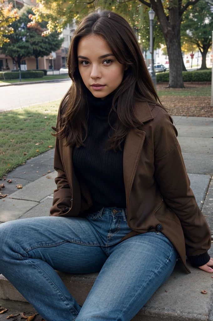 brown hair, brown eyes, fit girl, hellbrown coat, black turtle neck pullover, blue jeans, sitting, park