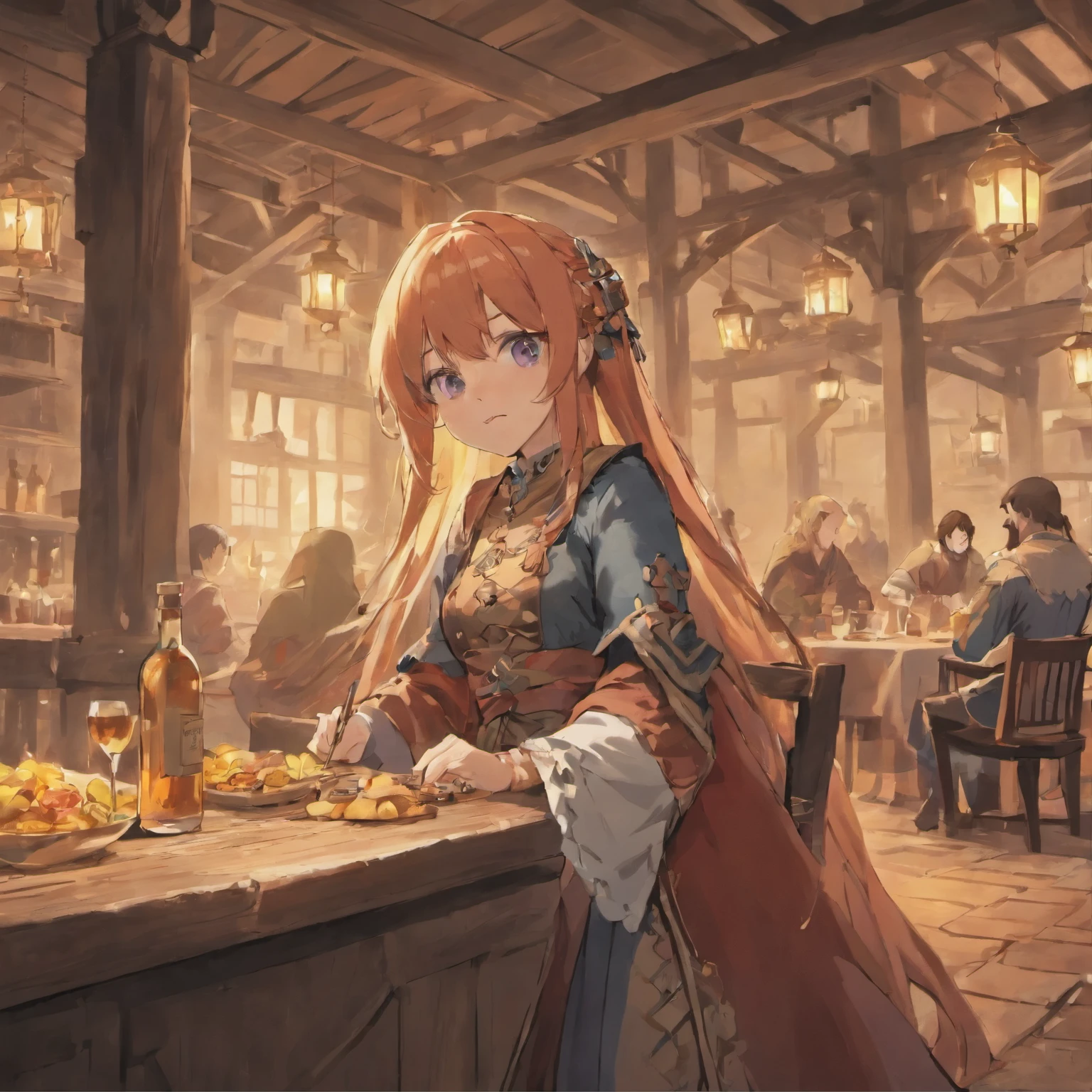 Anime girl sitting at a bar with a plate of food - SeaArt AI