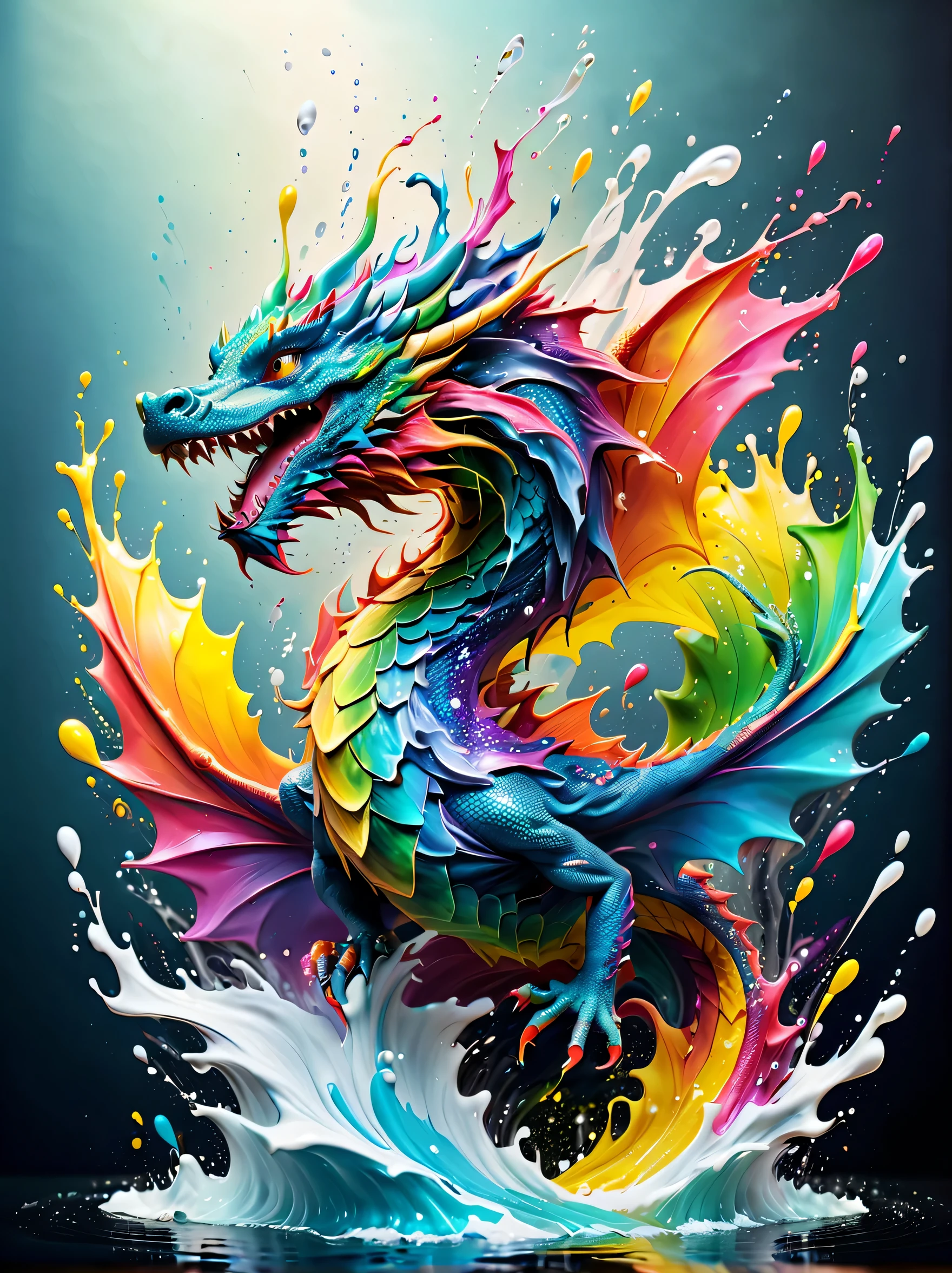 Expressing the flow of ink dancing in the wind,water effects,colorful water,A dragon is swimming in the ink,dragon'The body is smooth and streamlined.,Ink splash,Sparkling,Bright colors,light reflection,rich colors,abstract,3D,8K,High resolution,masterpiece,high quality,Detailed details,Colors of the rainbow,laugh mischievously,tricky,design,fun,bright colors,splash of water,invite you to the world of art,wonderful,dim background,full of energy