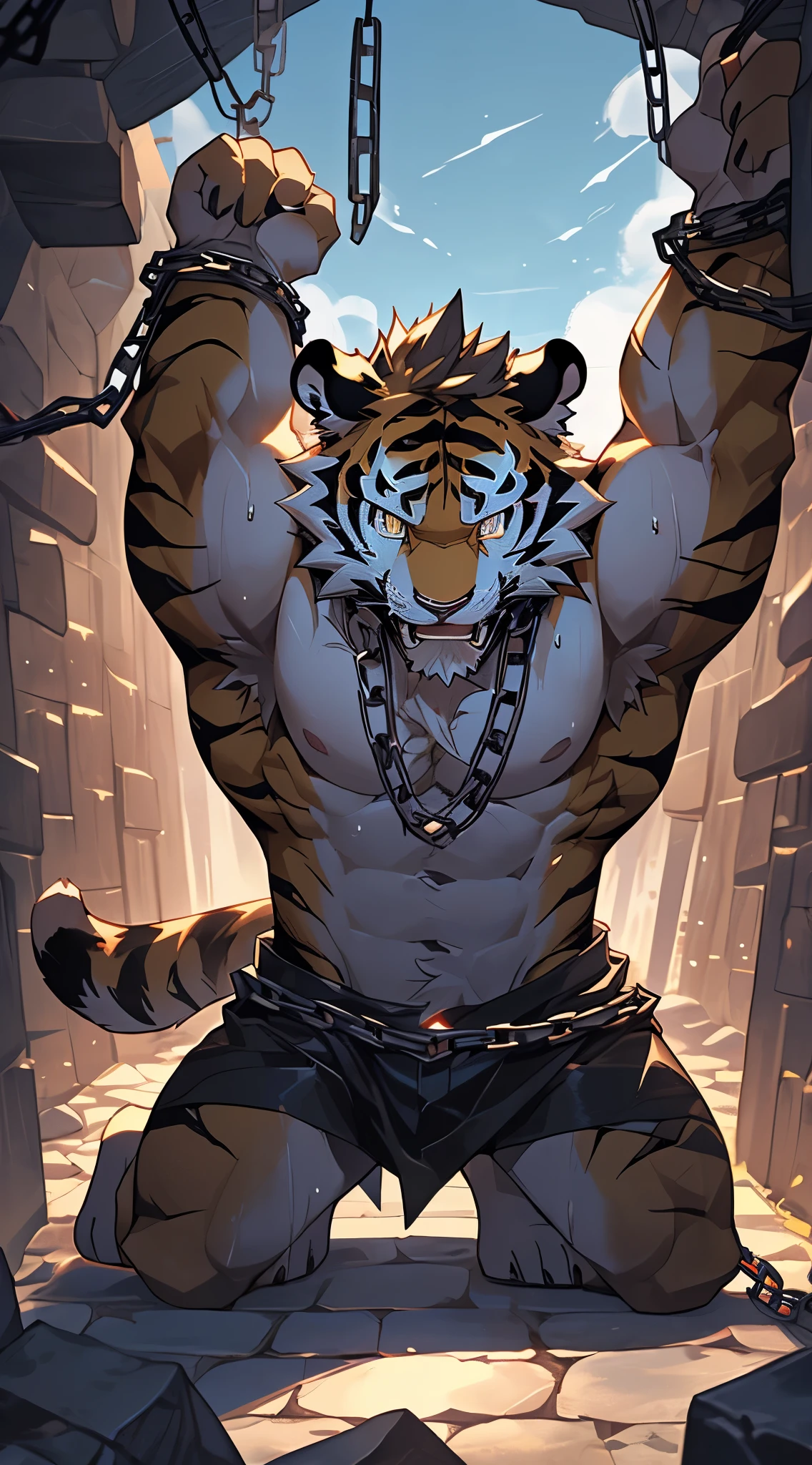 (Heterotopia),yellow fur,Black stripes,(He fell to the ground, his limbs pulled around by chains:1.5),(Many chains bind the body),(Fall to the ground:1.2),(Feet up),(Anthropomorphic tiger),(Sweat),(Tongue),(A pair of eyes with different pupil colors),(The environment is a dark dungeon:1.5),whole body,HD,furry,muscle,The chains are pulled around,belly up,(Alone:1.5),masterpiece,Perfect,Perfect的细节,(clear normal eyes:1.5),(Four-legged to the sky:1.5),damaged clothes