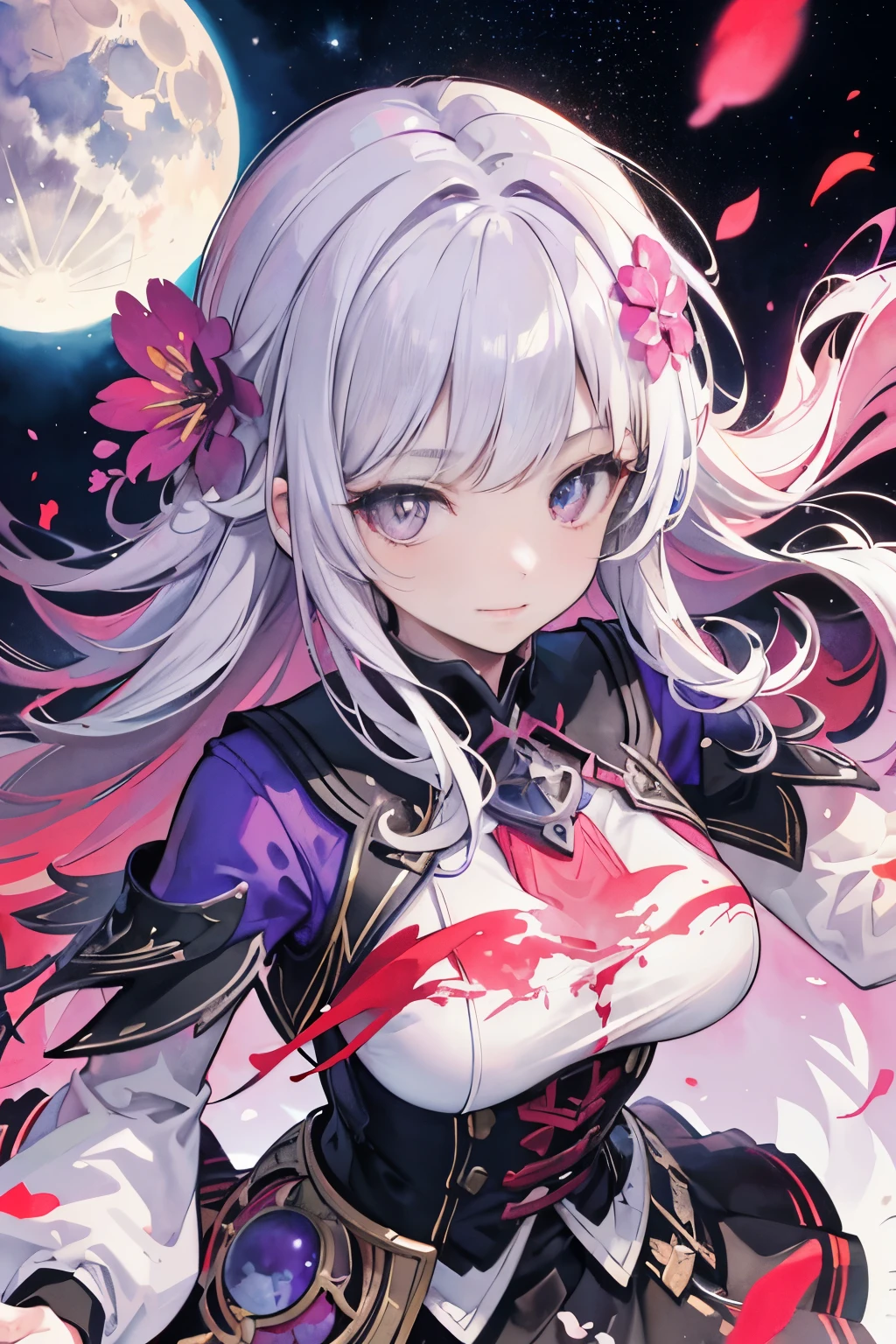 masterpiece, highest quality, 1 girl, (colorful),(Finely drawn beautiful eyes and detailed face),cinematic lighting,bust shot,Highly detailed CG Unity 8K wallpaper,gray hair,alone,smile,intricate skirt,((flying petals)),(flowering meadow) null, cloudy_null, building, moonlight, moon, night, (dark theme:1.3), light, fantasy,,fantasy, high contrast, Ink strokes, explosion, exposed exposed, Purple and red tone impression , abstract, ((watercolor by John Berkey and Jeremy Man )) brush stroke, negative space,