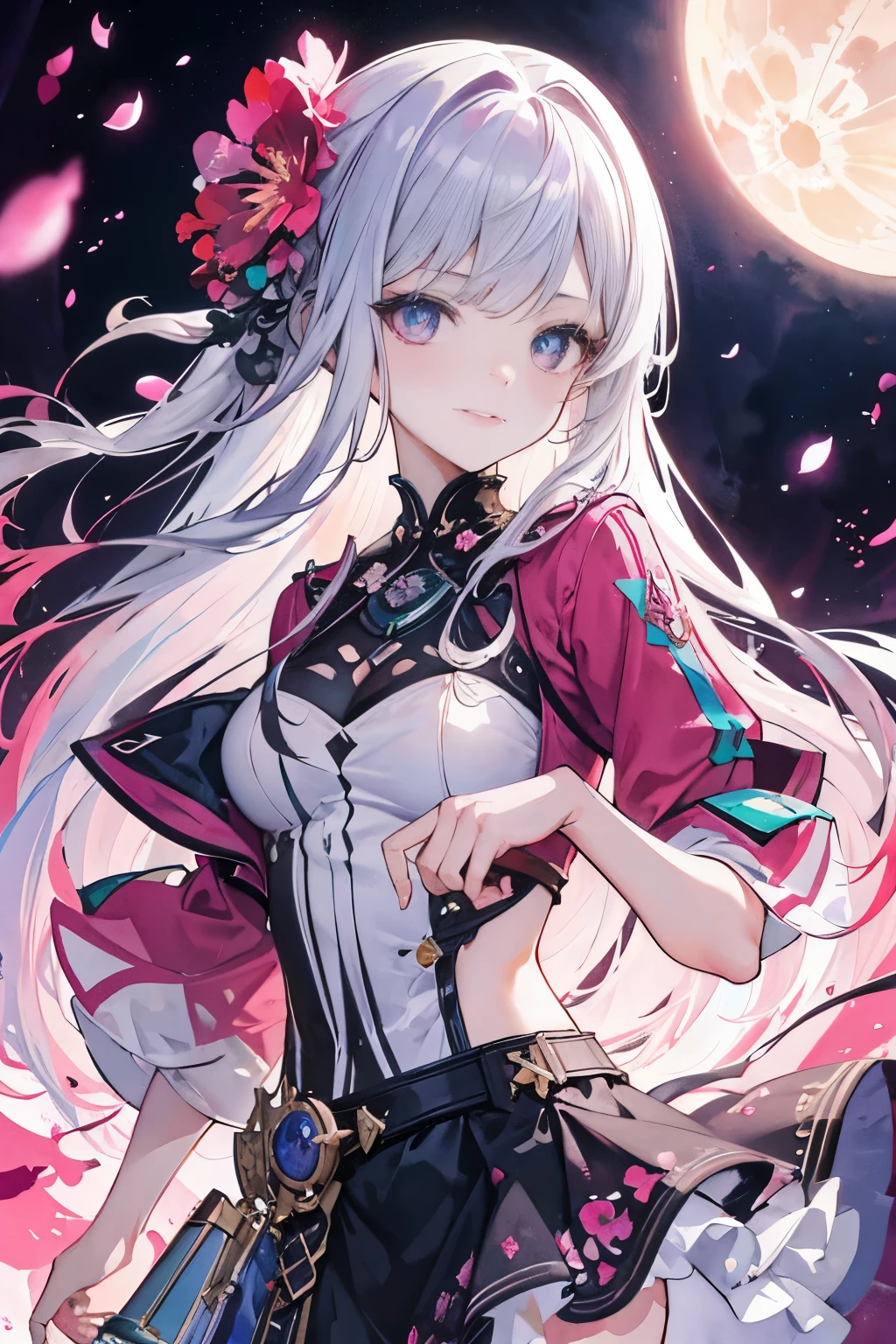 masterpiece, highest quality, 1 girl, (colorful),(Finely drawn beautiful eyes and detailed face),cinematic lighting,bust shot,Highly detailed CG Unity 8K wallpaper,gray hair,alone,smile,intricate skirt,((flying petals)),(flowering meadow) null, cloudy_null, building, moonlight, moon, night, (dark theme:1.3), light, fantasy,,fantasy, high contrast, Ink strokes, explosion, exposed exposed, Purple and red tone impression , abstract, ((watercolor by John Berkey and Jeremy Man )) brush stroke, negative space,