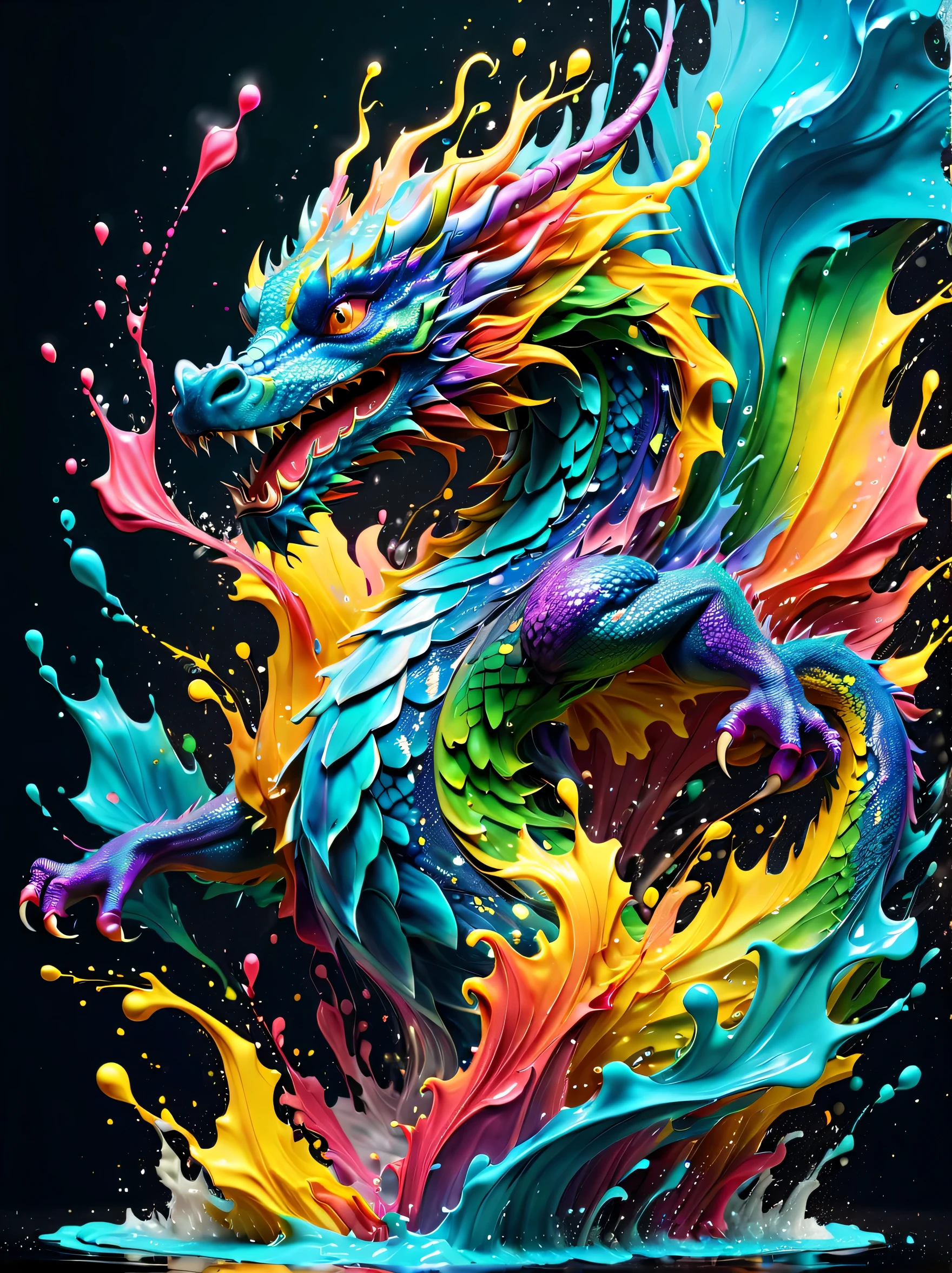 Expressing the flow of ink dancing in the wind,water effects,colorful water,A dragon is swimming in the ink,dragon'The body is smooth and streamlined.,Ink splash,Sparkling,Bright colors,light reflection,rich colors,abstract,3D,8K,High resolution,masterpiece,high quality,Detailed details,Colors of the rainbow,laugh mischievously,tricky,design,fun,bright colors,splash of water,invite you to the world of art,wonderful,dim background,full of energy